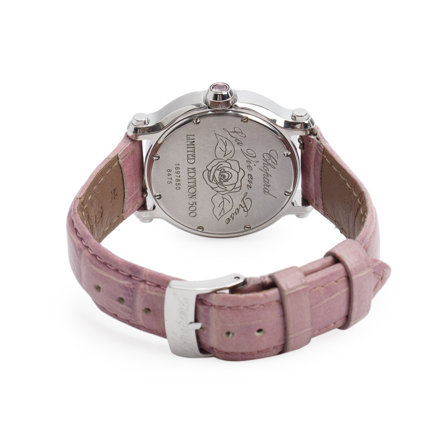 Chopard Stainless Steel Diamond & Pink Sapphire Happy Sport La Vie En Rose 36 MM Quartz Watch Pink Dial w/ Box, Papers & Extra Straps