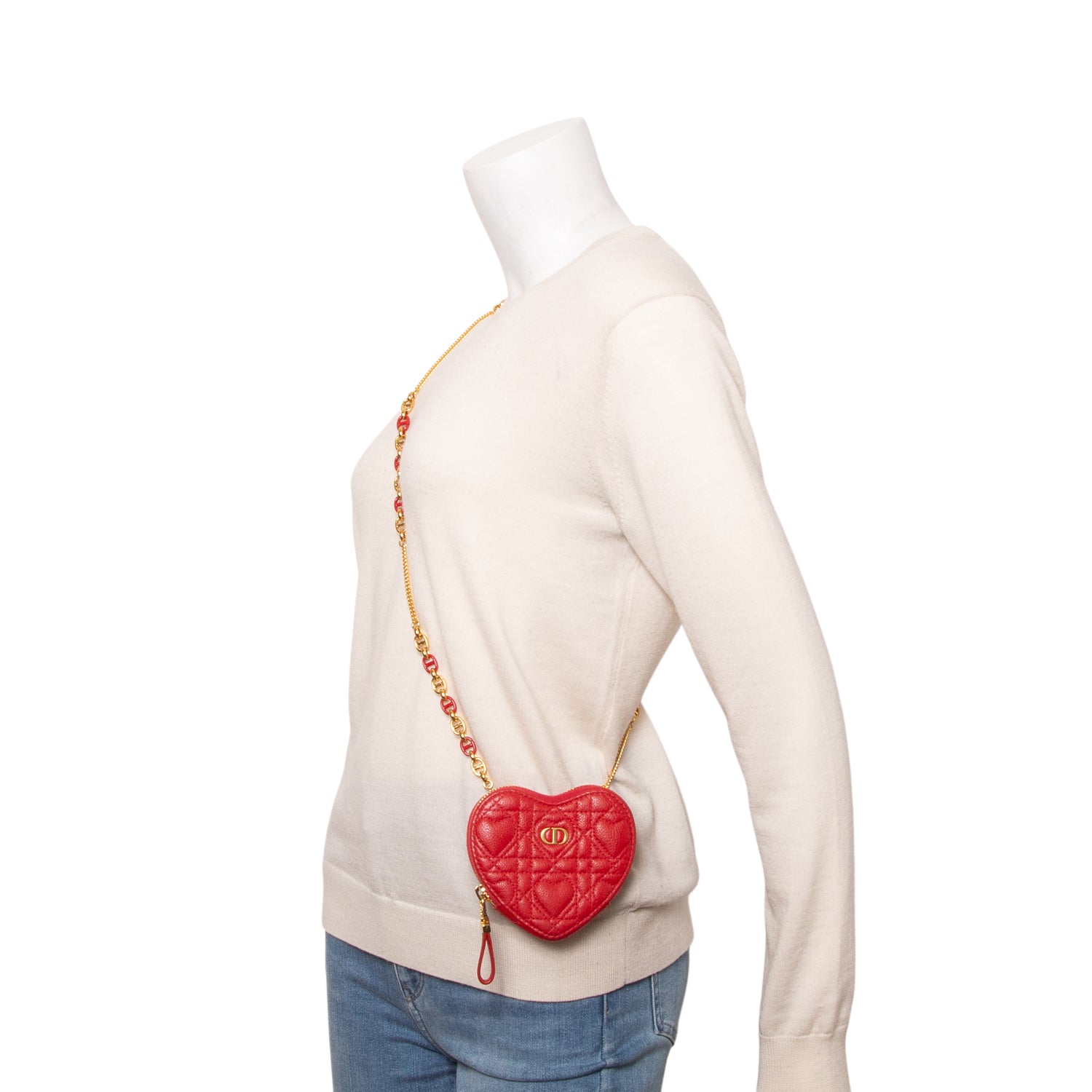 Christian Dior 2021 Red Supple Cannage Calfskin Caro Heart Bag with Chain