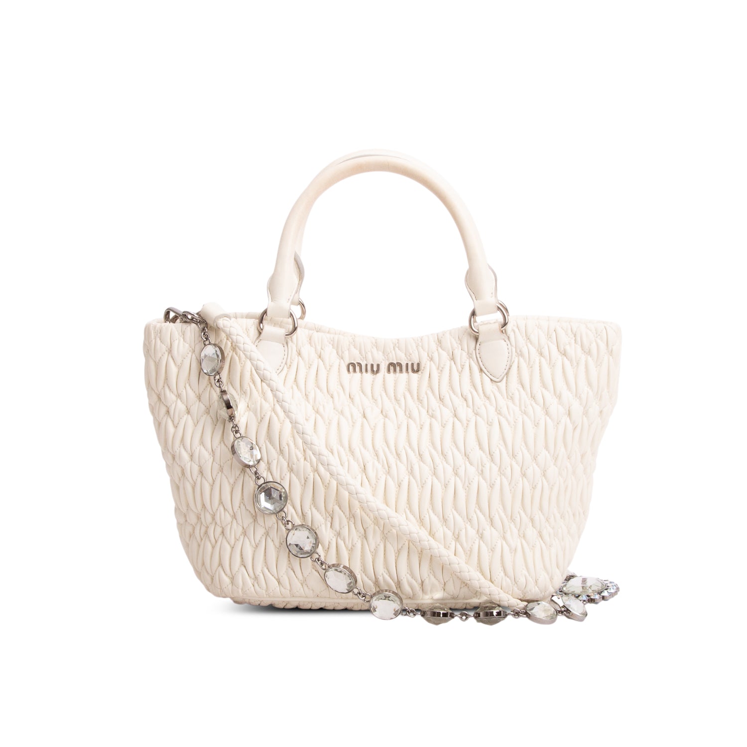 Miu Miu White Nappa Iconic Crystal Cloque Tote Bag w/ Straps
