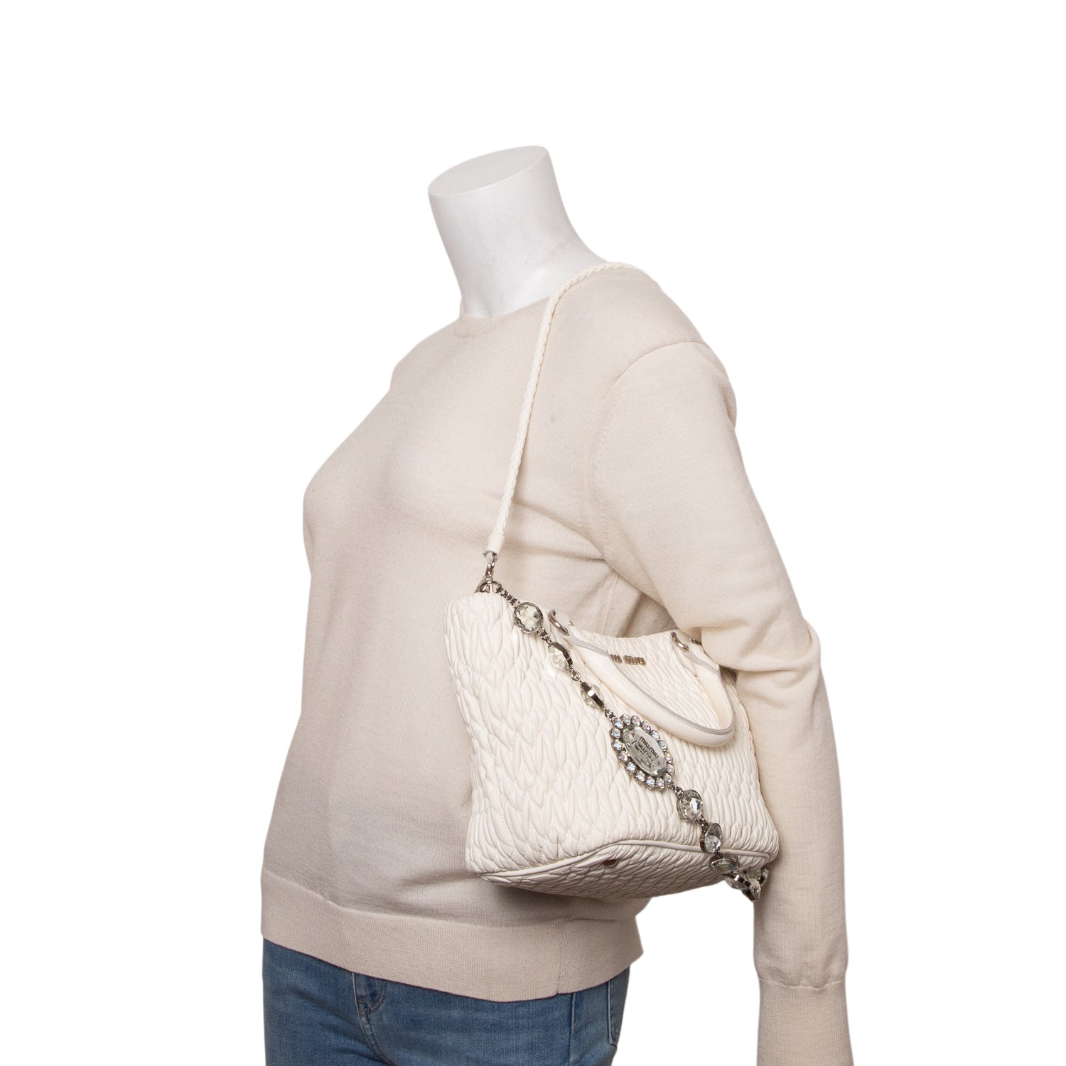 Miu Miu White Nappa Iconic Crystal Cloque Tote Bag w/ Straps