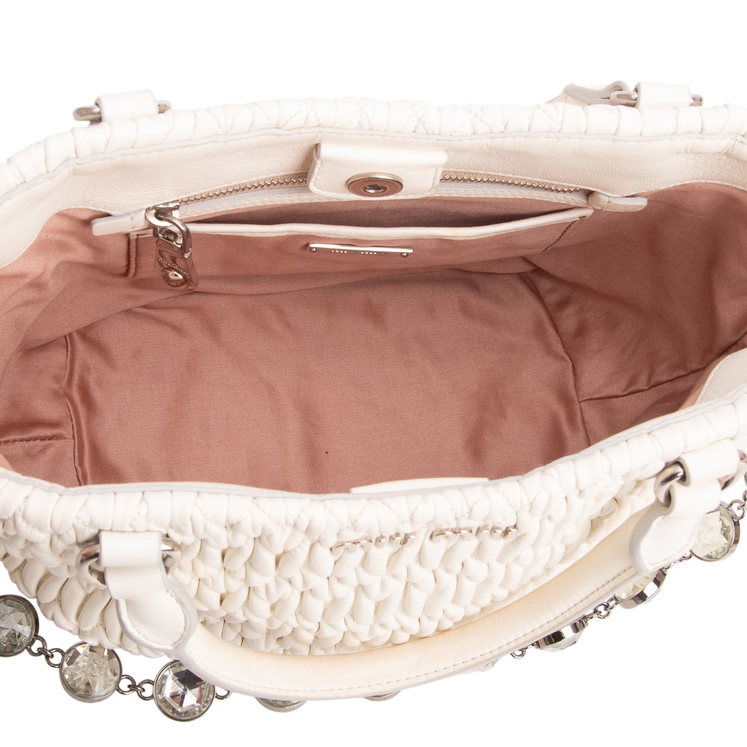 Miu Miu White Nappa Iconic Crystal Cloque Tote Bag w/ Straps