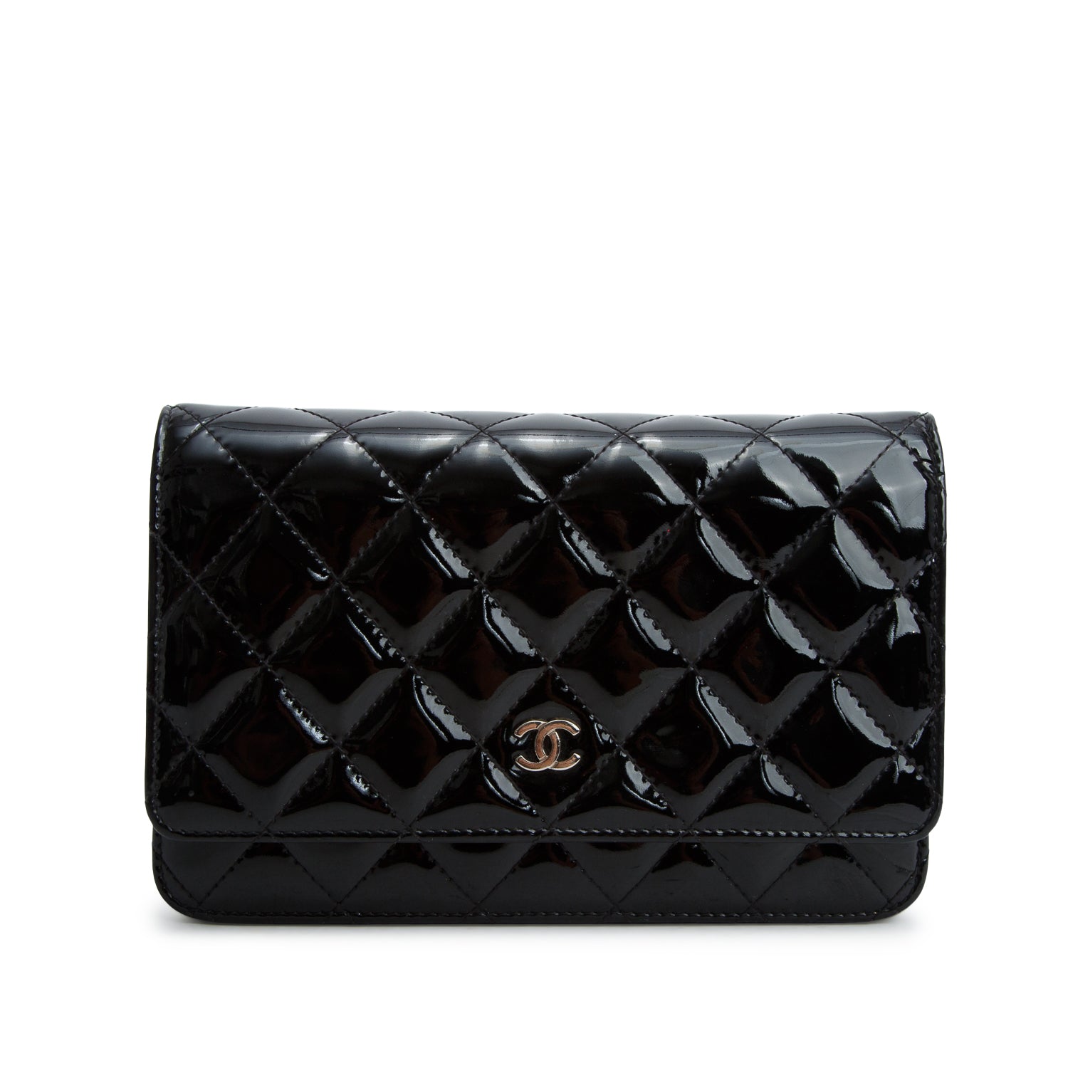 Chanel Black Quilted Patent Leather Classic Wallet on Chain w/ Authenticity Card