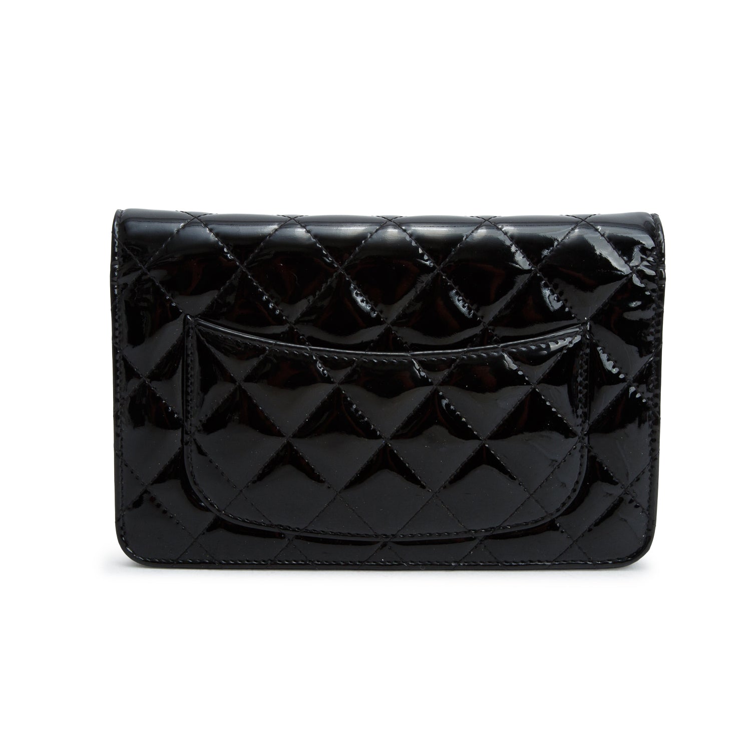 Chanel Black Quilted Patent Leather Classic Wallet on Chain w/ Authenticity Card