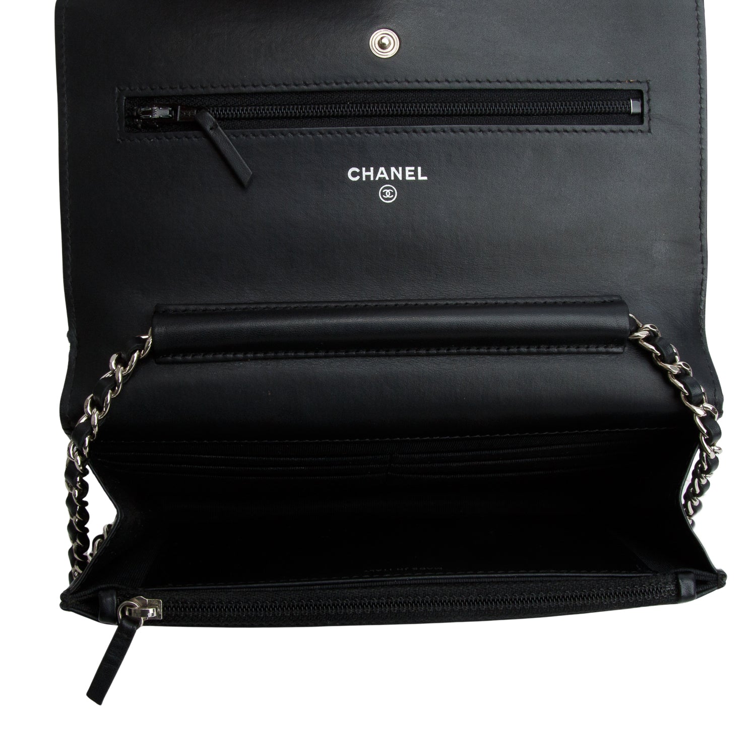 Chanel Black Quilted Patent Leather Classic Wallet on Chain w/ Authenticity Card