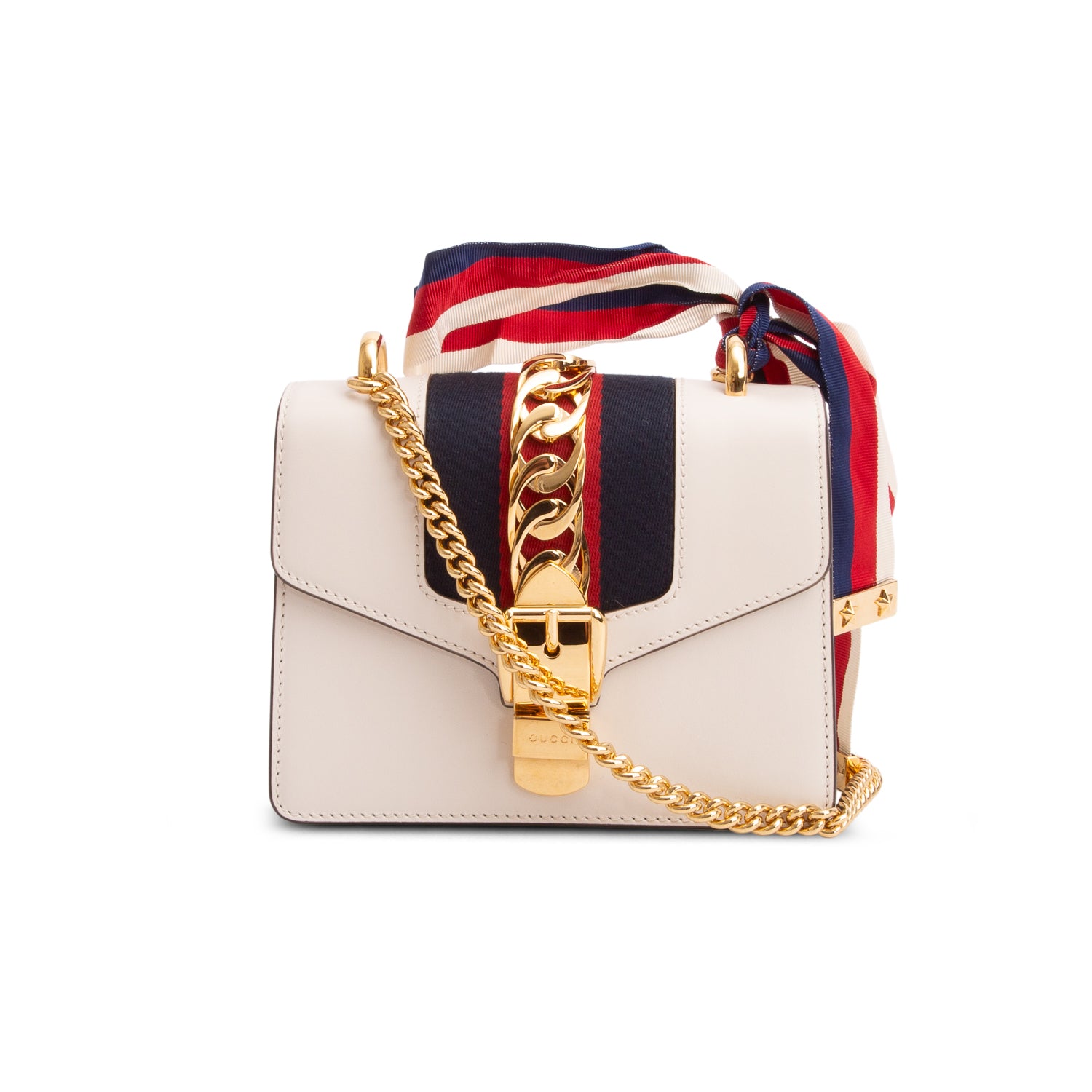 Gucci White Calfskin Leather Web Mini Sylvie Chain Shoulder Bag