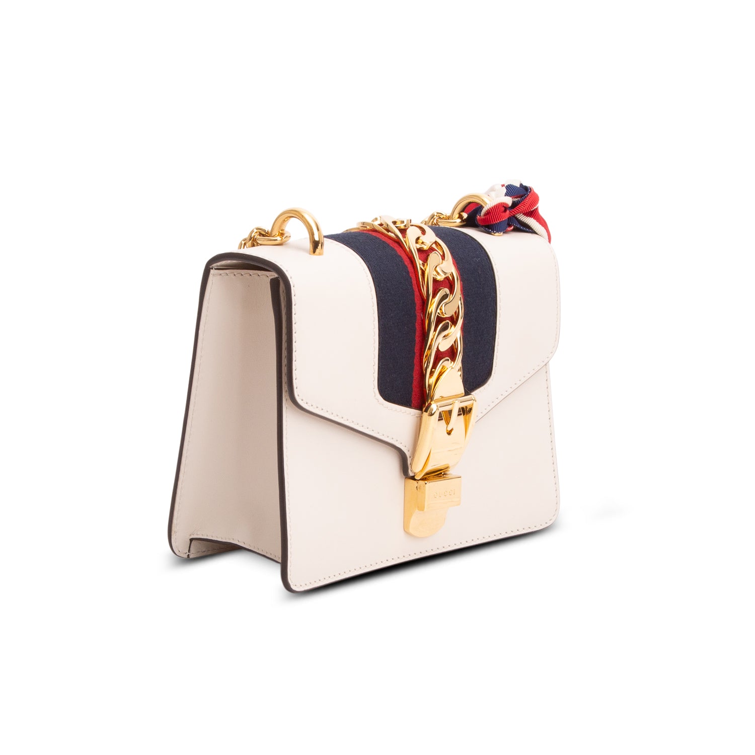 Gucci White Calfskin Leather Web Mini Sylvie Chain Shoulder Bag