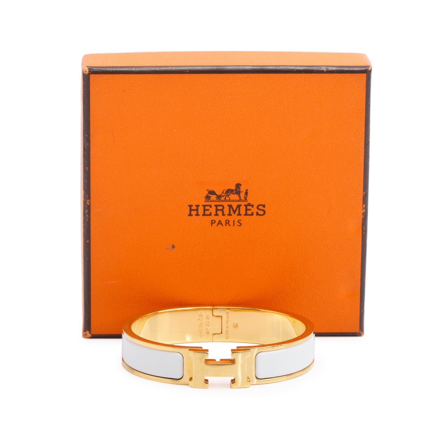 Hermes Gold Plated White Enamel 12 MM Clic H Bracelet w/ Box