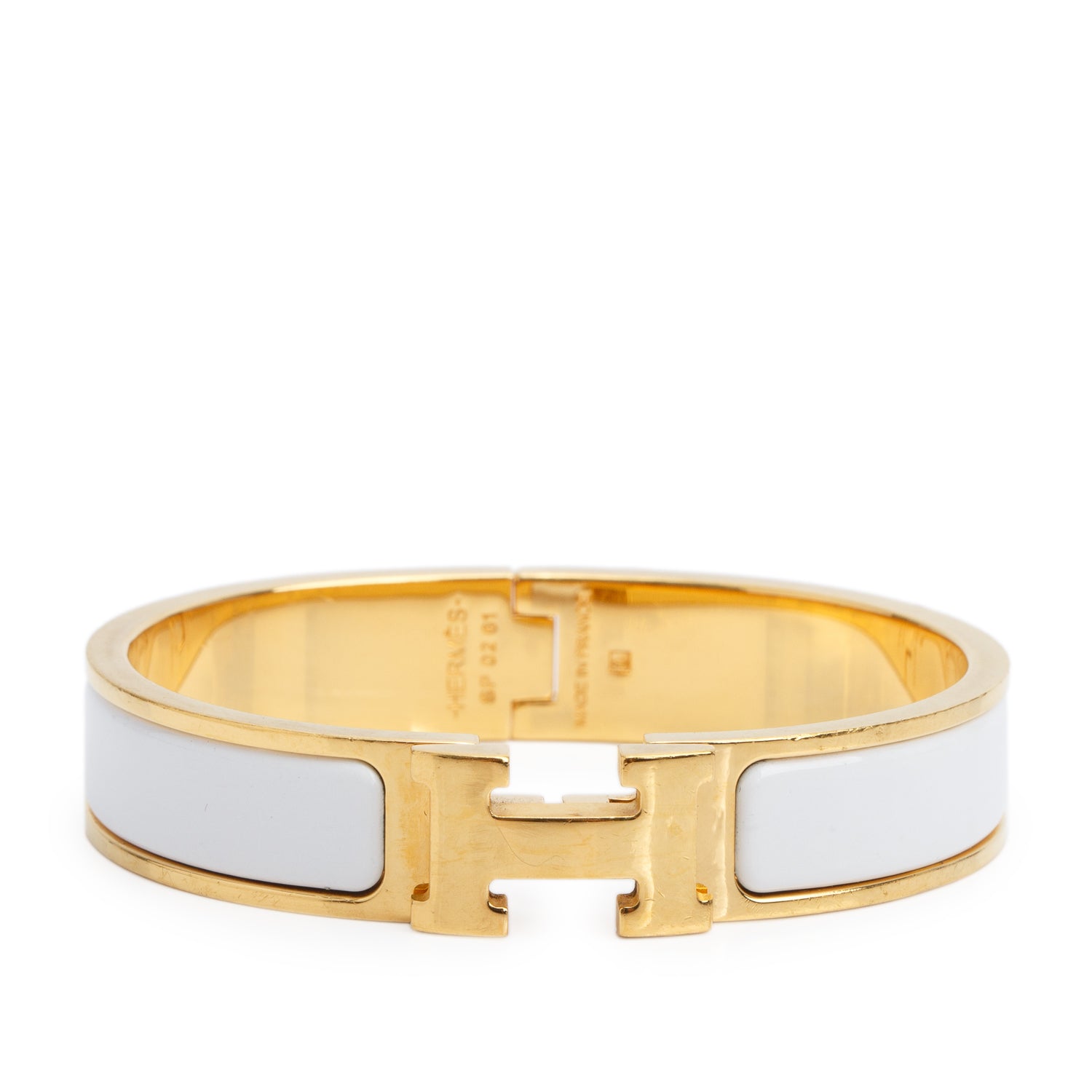 Hermes Gold Plated White Enamel 12 MM Clic H Bracelet w/ Box
