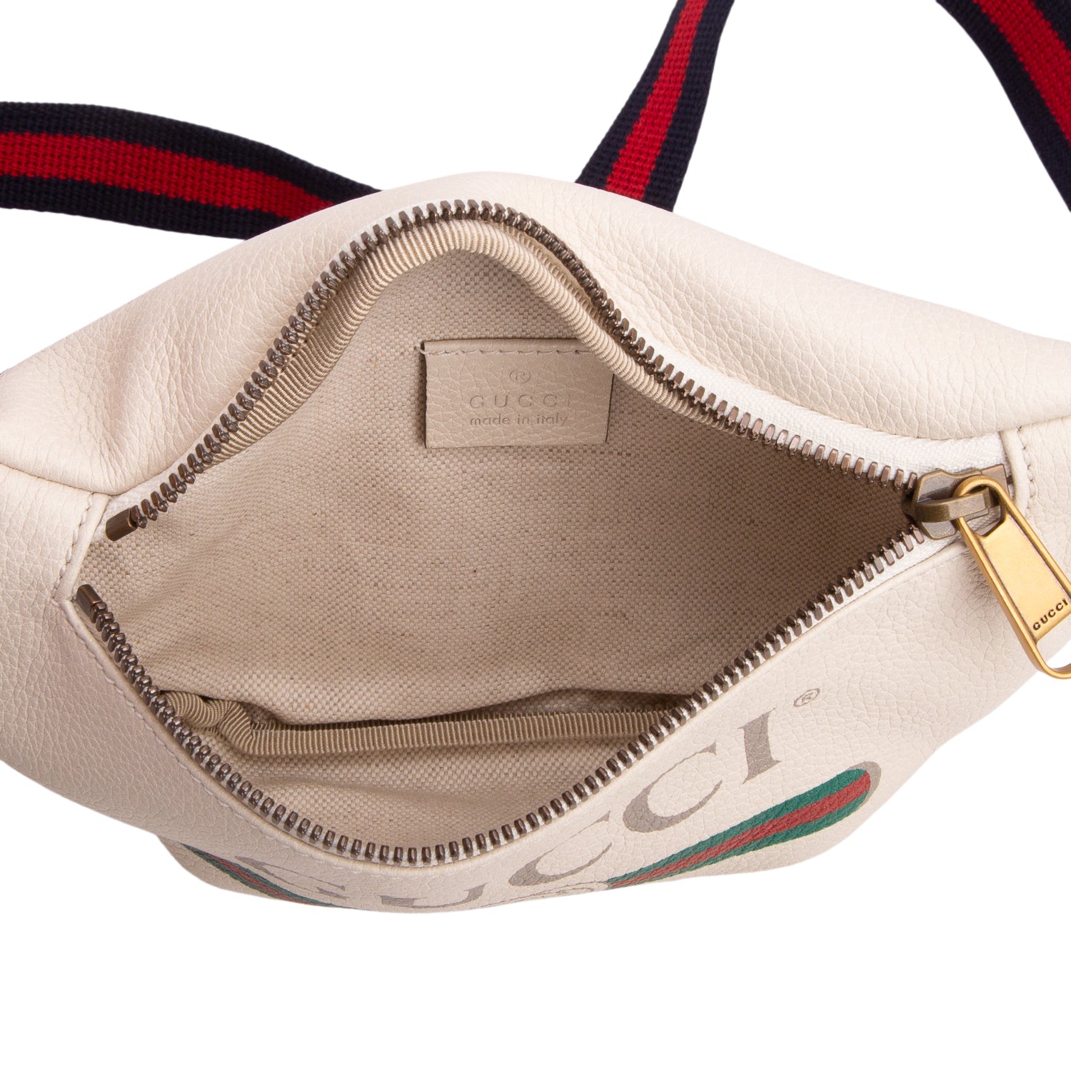 Gucci Cream Calfskin Leather Logo Print Small Belt Bag