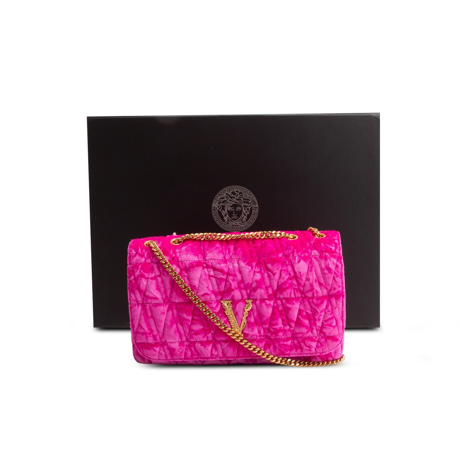 Versace Pink Velvet Quilted Virtus Shoulder Bag w/ Box