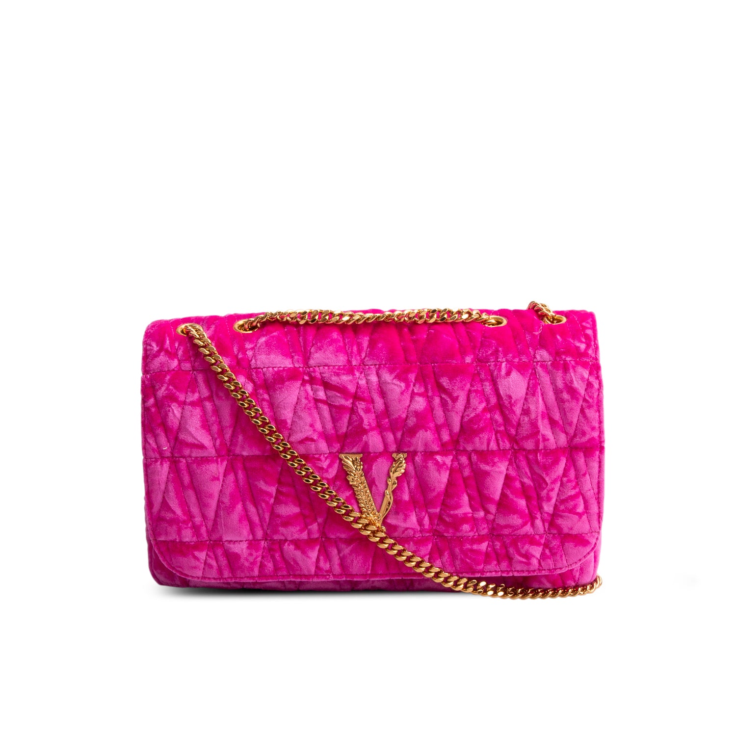 Versace Pink Velvet Quilted Virtus Shoulder Bag w/ Box