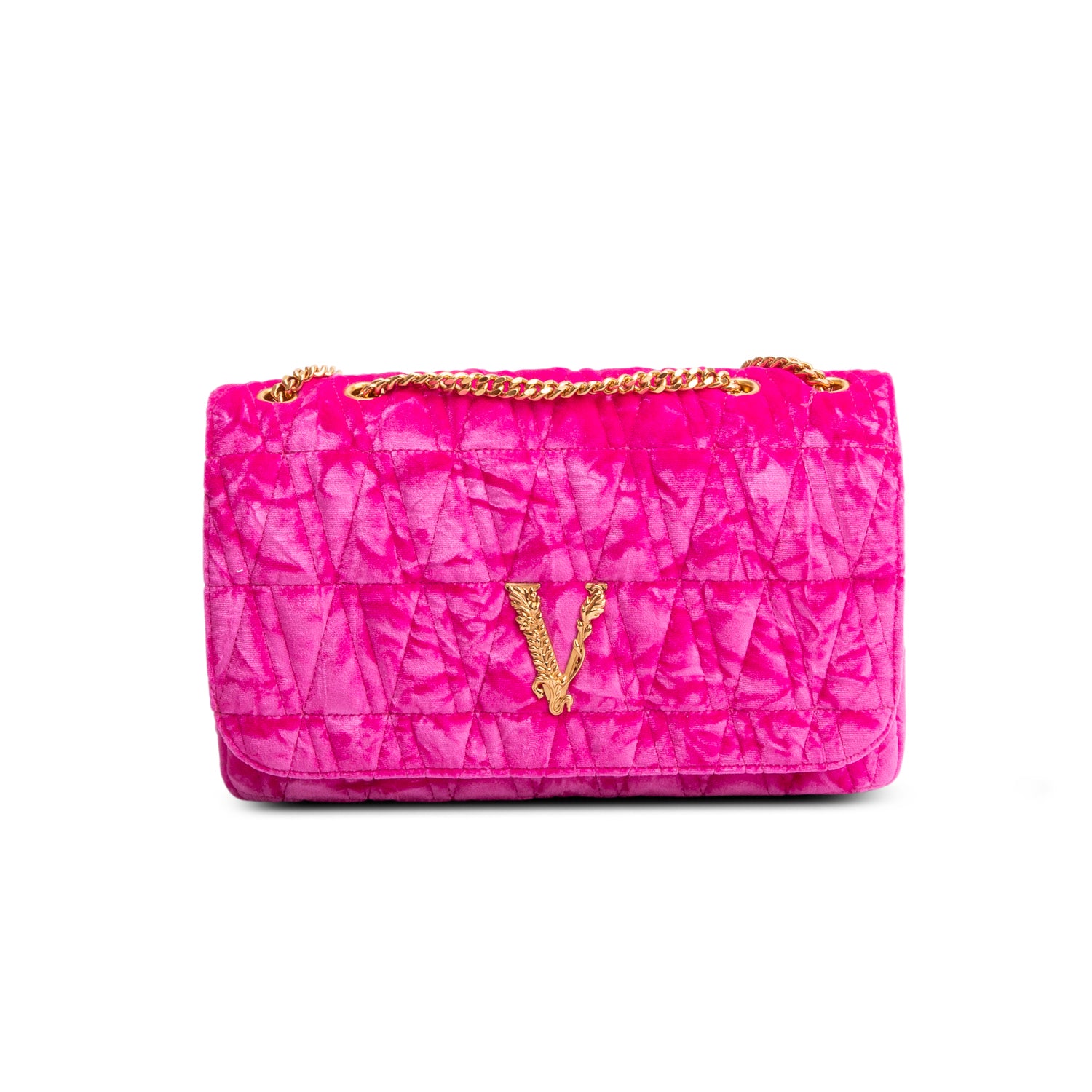 Versace Pink Velvet Quilted Virtus Shoulder Bag w/ Box