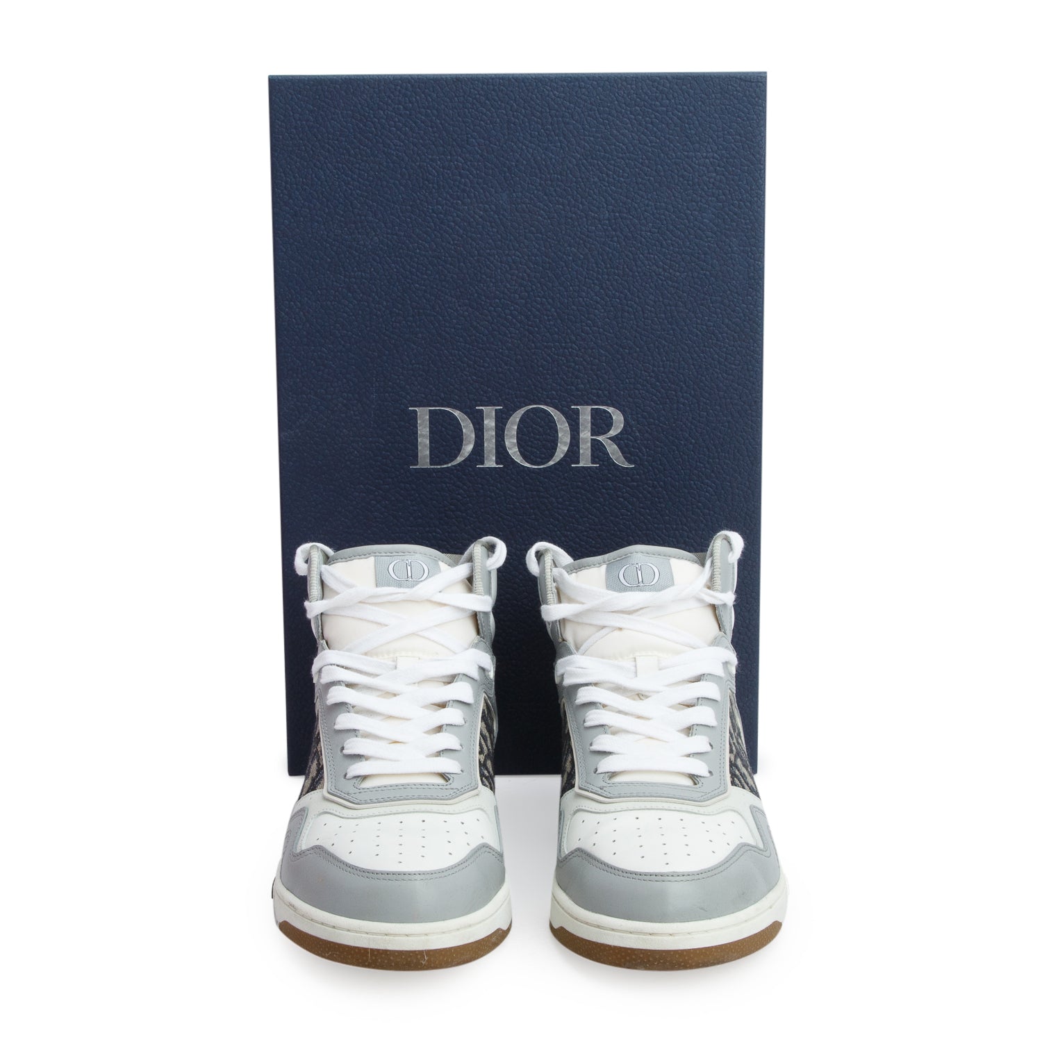 Christian Dior 2021 Grey Smooth Calfskin Jacquard Oblique B27 High Top Sneakers, Men's Size 42 w/ Box