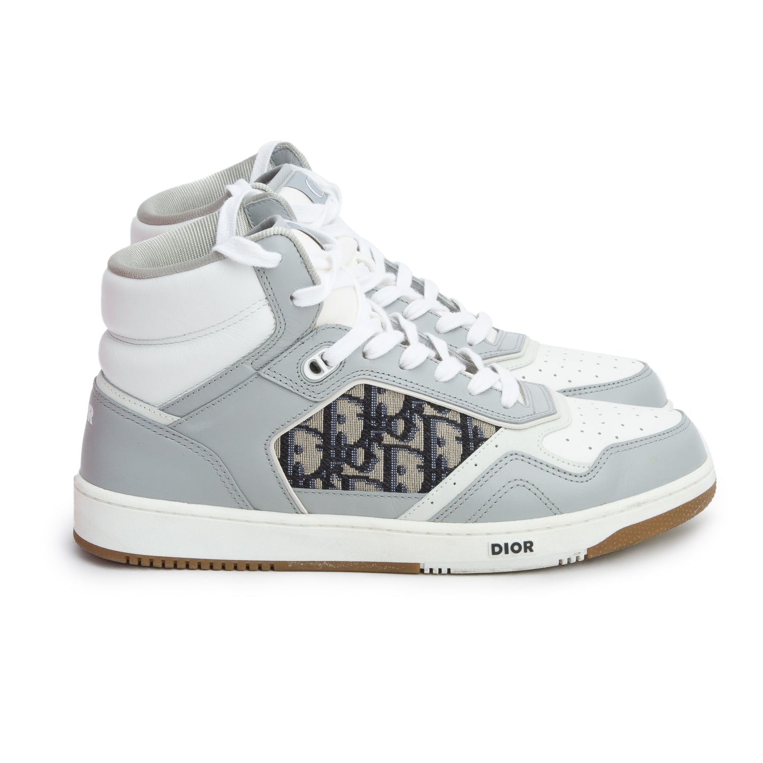 Christian Dior 2021 Grey Smooth Calfskin Jacquard Oblique B27 High Top Sneakers, Men's Size 42 w/ Box