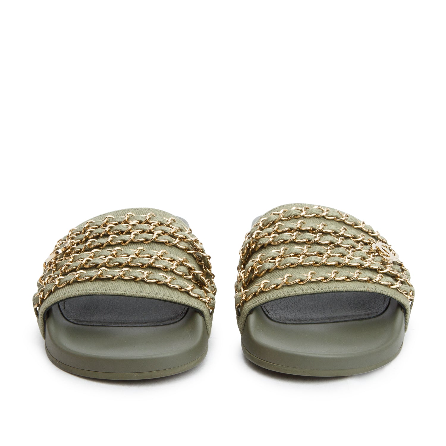 Chanel Green Canvas Chain Flat Sandals, Women's Size 37 w/ Box