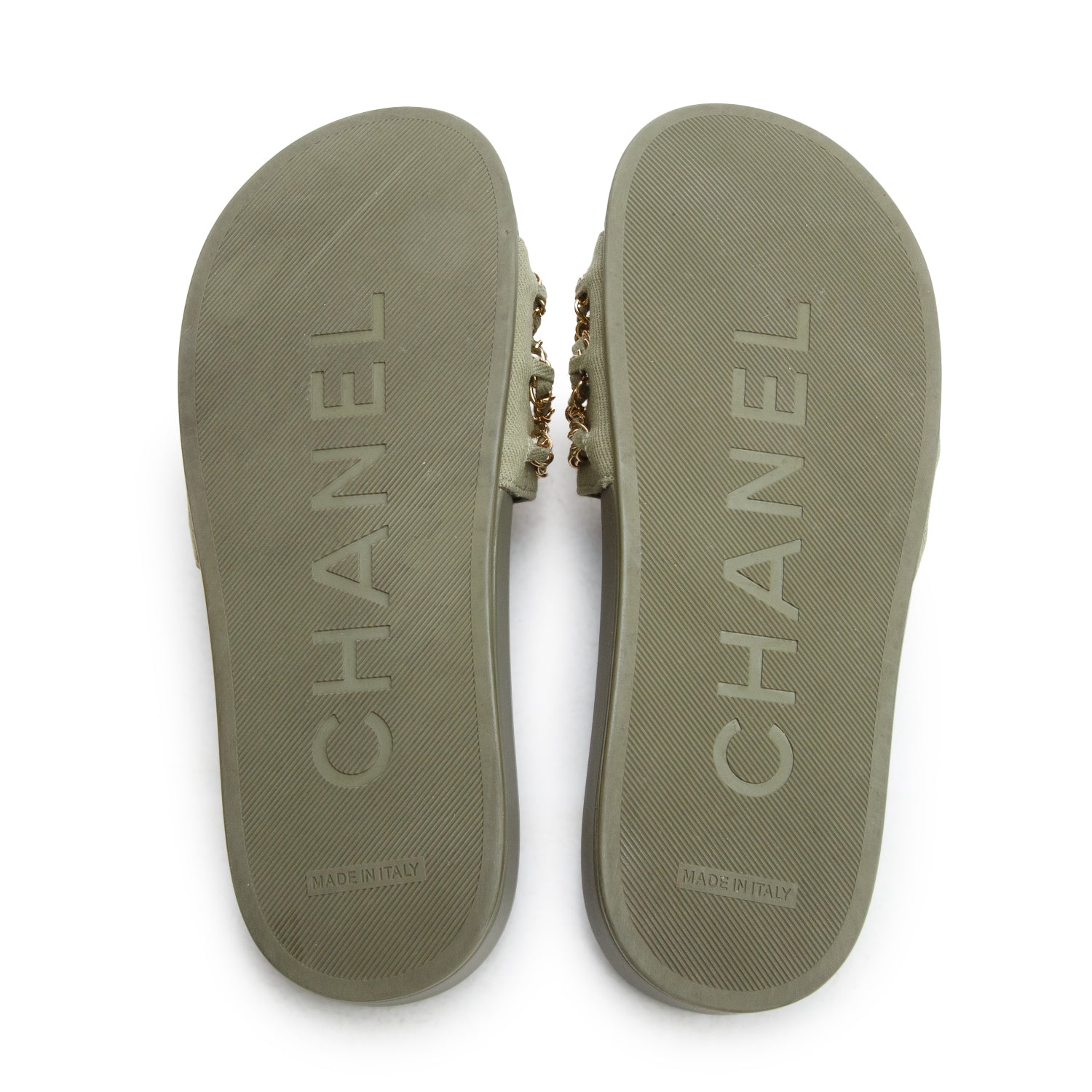 Chanel Green Canvas Chain Flat Sandals, Women's Size 37 w/ Box