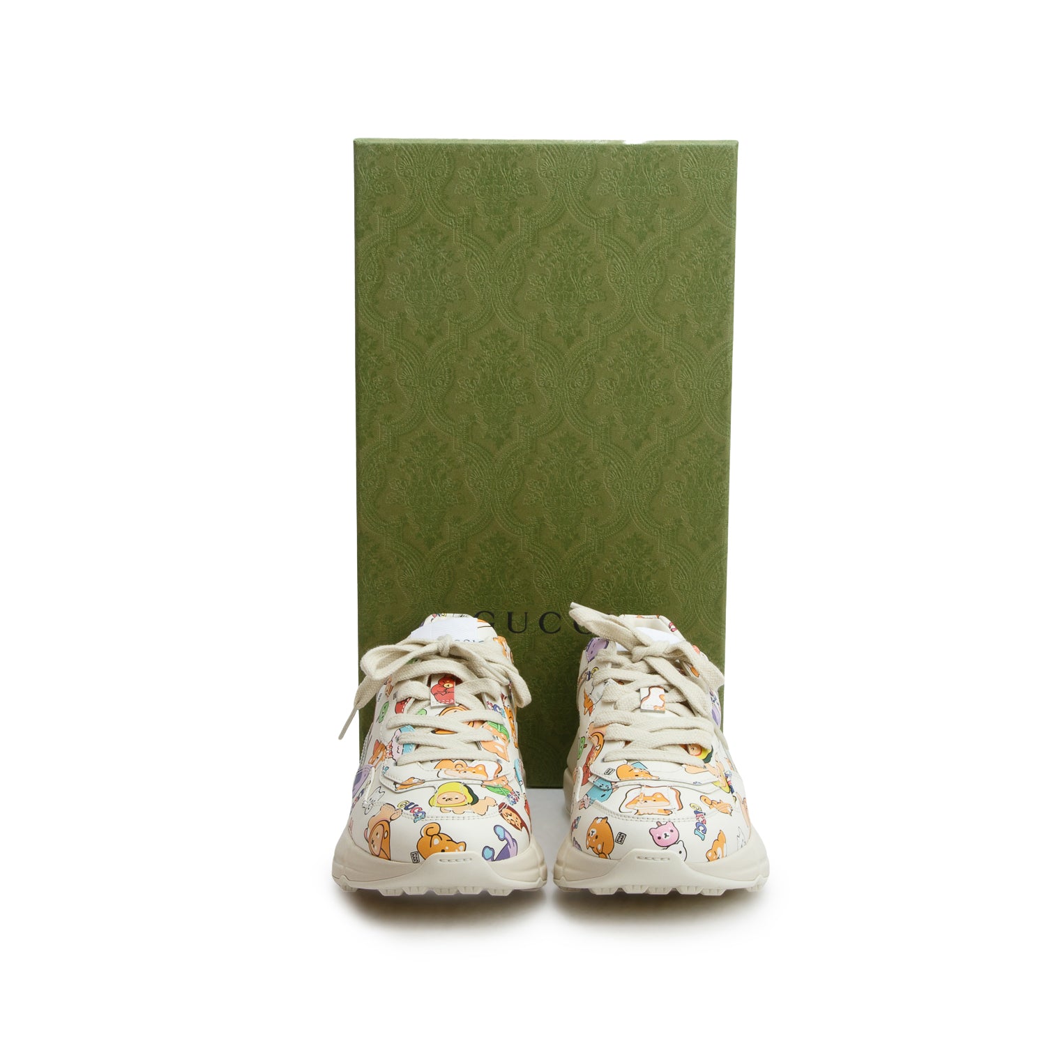 Gucci x Pikakar White Dollar Calfskin Animal Print Rhyton Sneakers, Women's Size 35 w/ Box