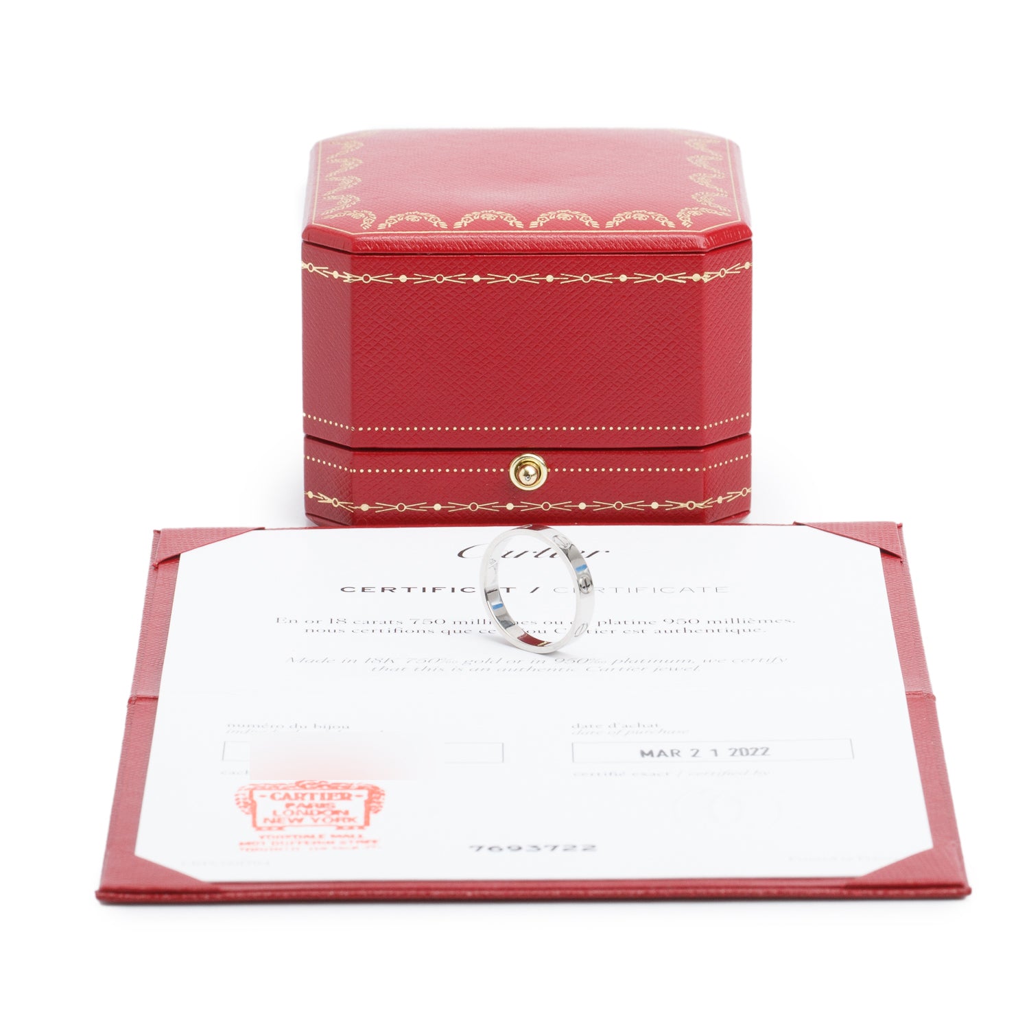 Cartier 2022 Platinum 3.6 MM Love Ring, Small Model Size 57 7.75 w/ Box & Certificate