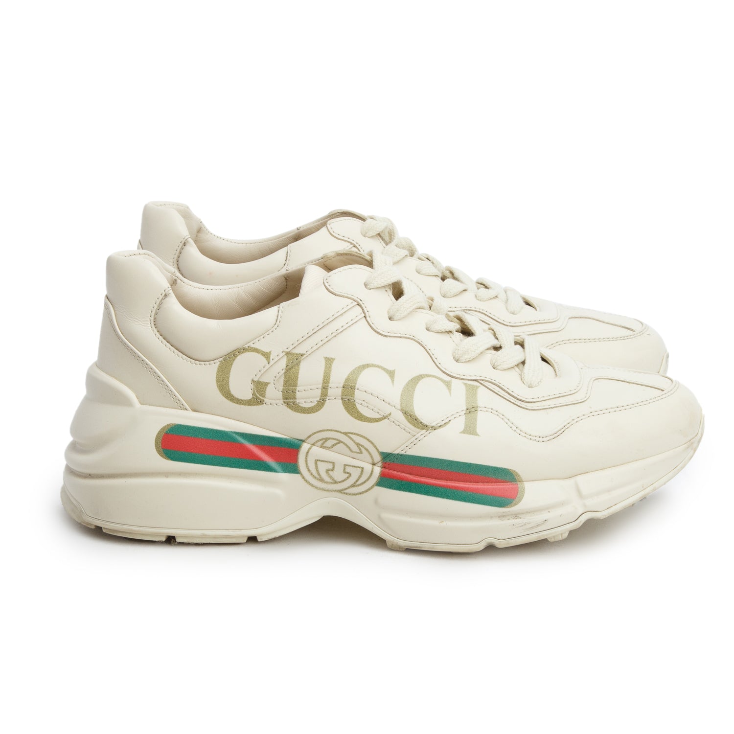 Gucci Ivory Leather Rhyton Gucci Logo Sneakers, Women's Size 39 w/ Box