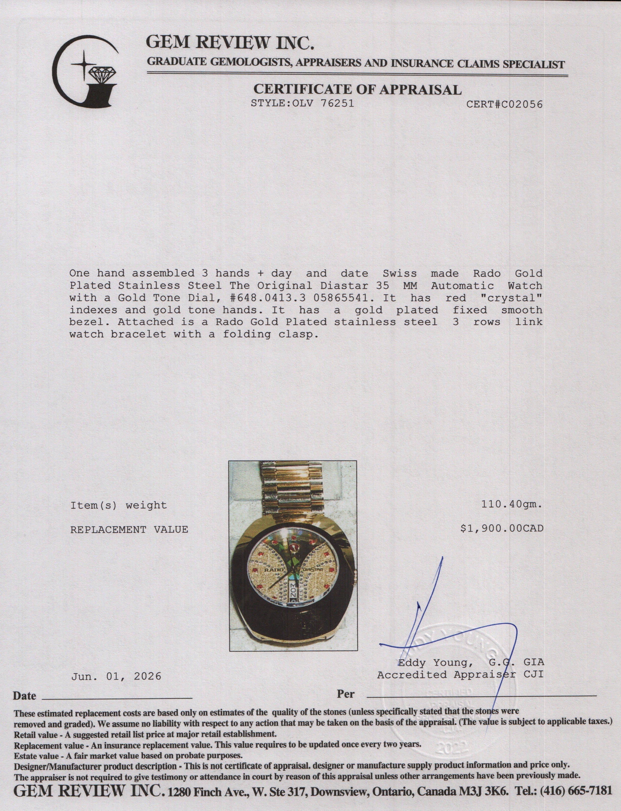 Rado Gold Plated Stainless Steel The Original Diastar 35 MM Automatic Watch Gold Dial w/ Box & Papers