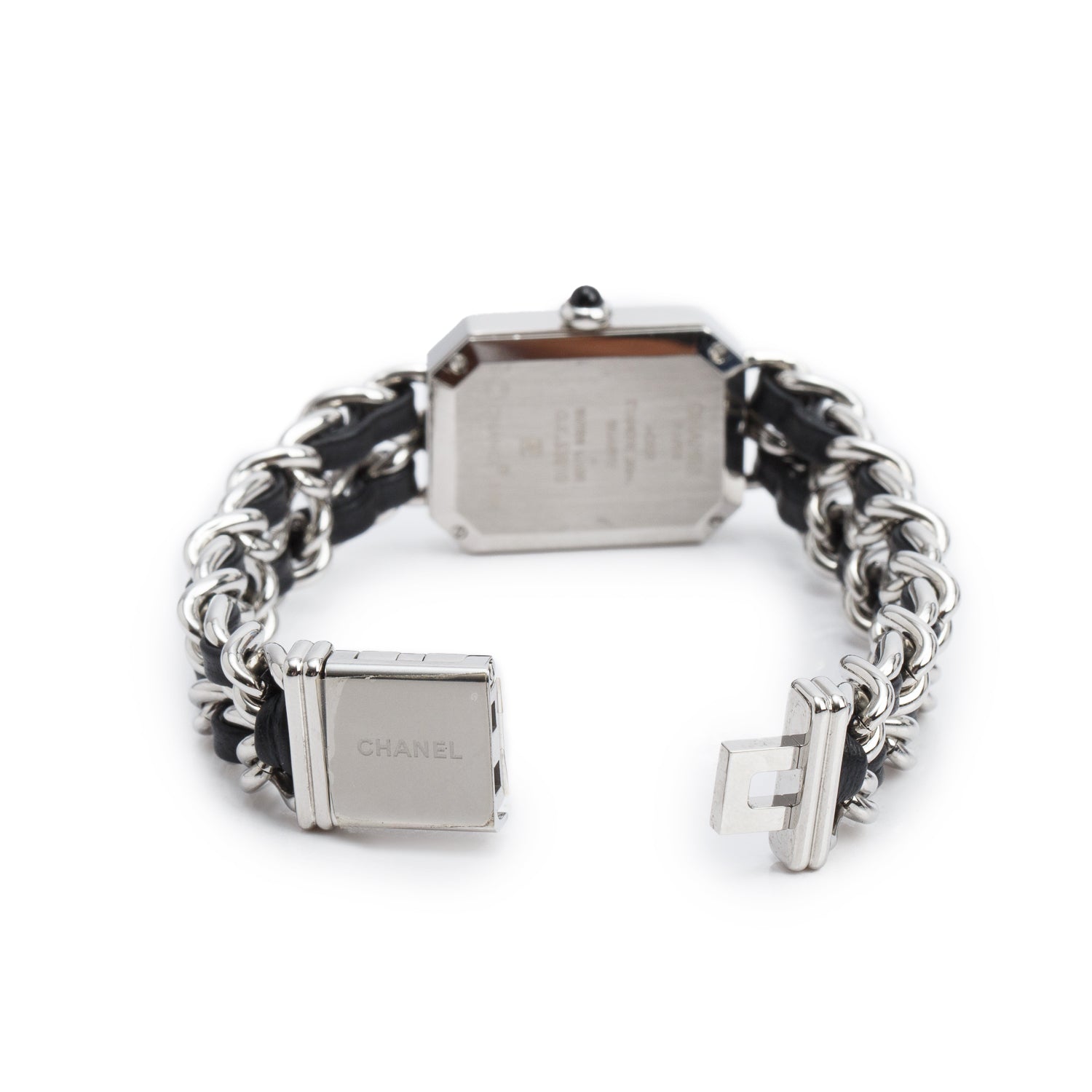Chanel Stainless Steel & Black Leather Premiere Iconic Chain Watch Black Dial H7022 w/ Case & Papers
