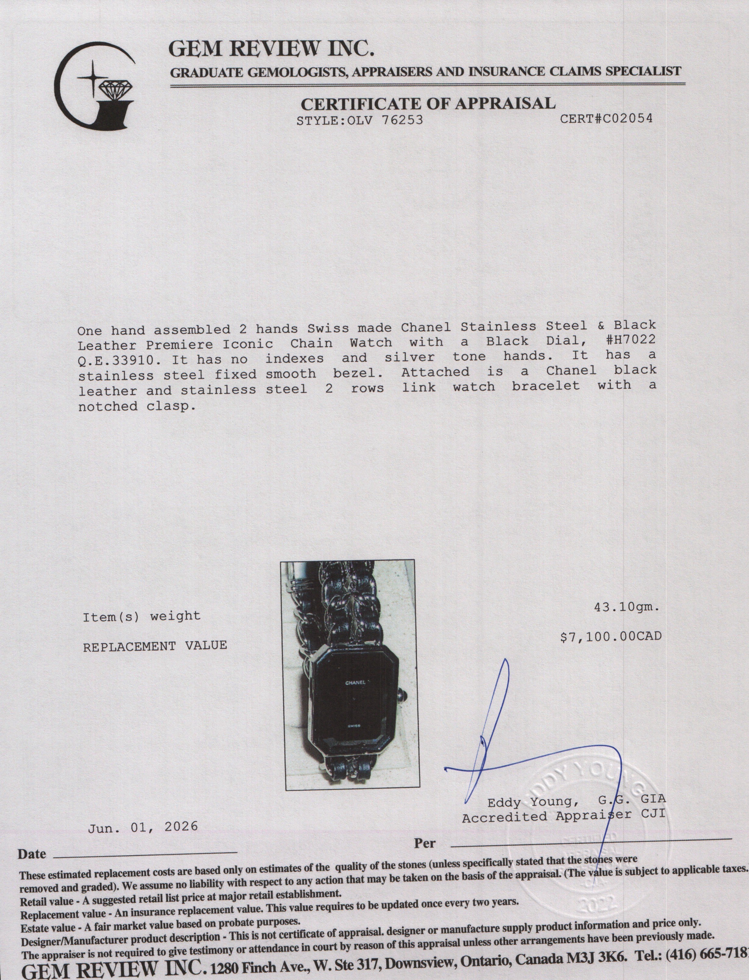 Chanel Stainless Steel & Black Leather Premiere Iconic Chain Watch Black Dial H7022 w/ Case & Papers