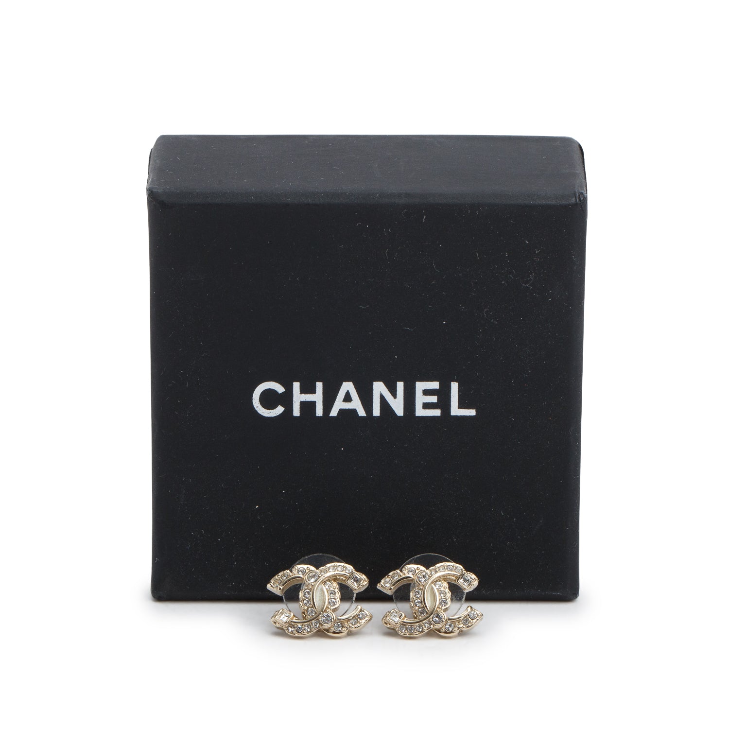 Chanel Gold Plated Strass CC Stud Earrings w/ Box