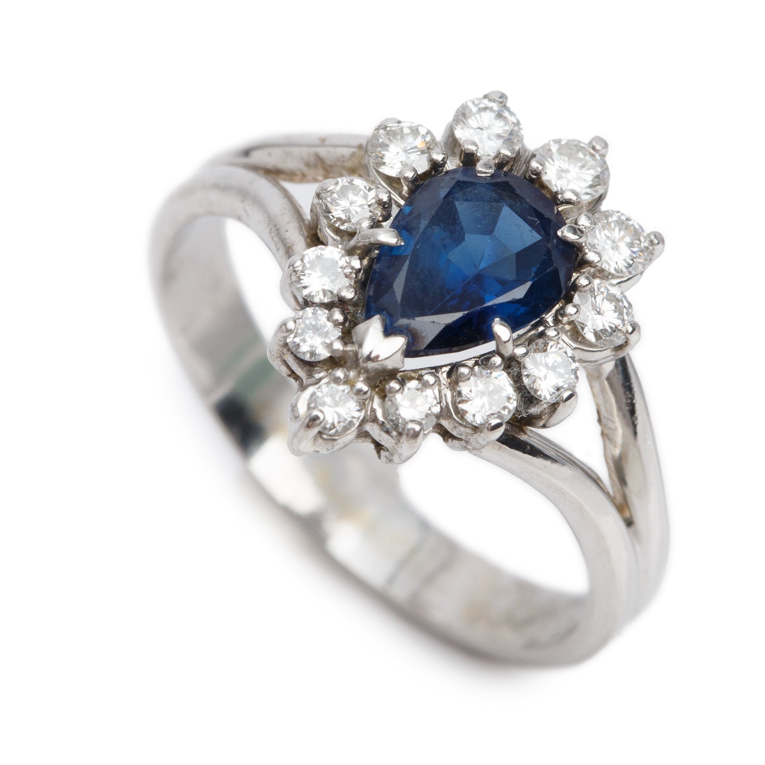 14k White Gold Blue Sapphire & Diamond Cocktail Ring, Size 7