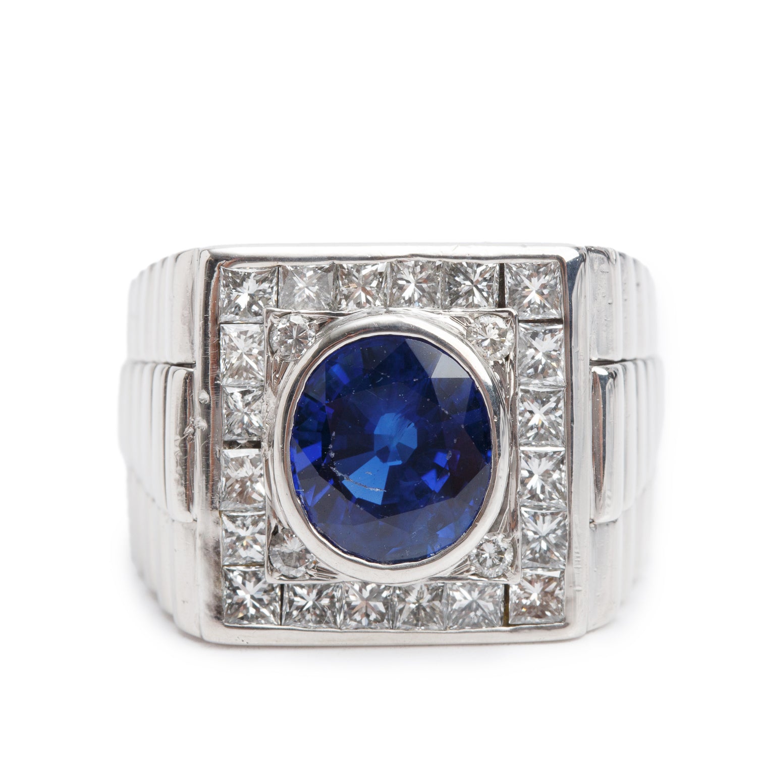 Gents 14k White Gold Blue Sapphire and Diamond Ring, Size 10