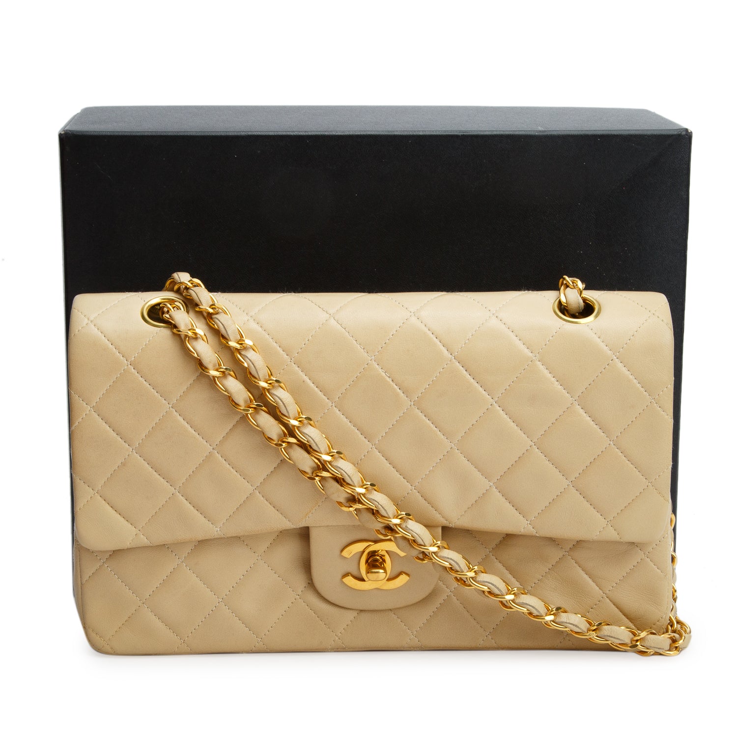 Chanel Vintage Beige Lambskin Quilted Medium Double Flap w/ Box & Authenticity Card