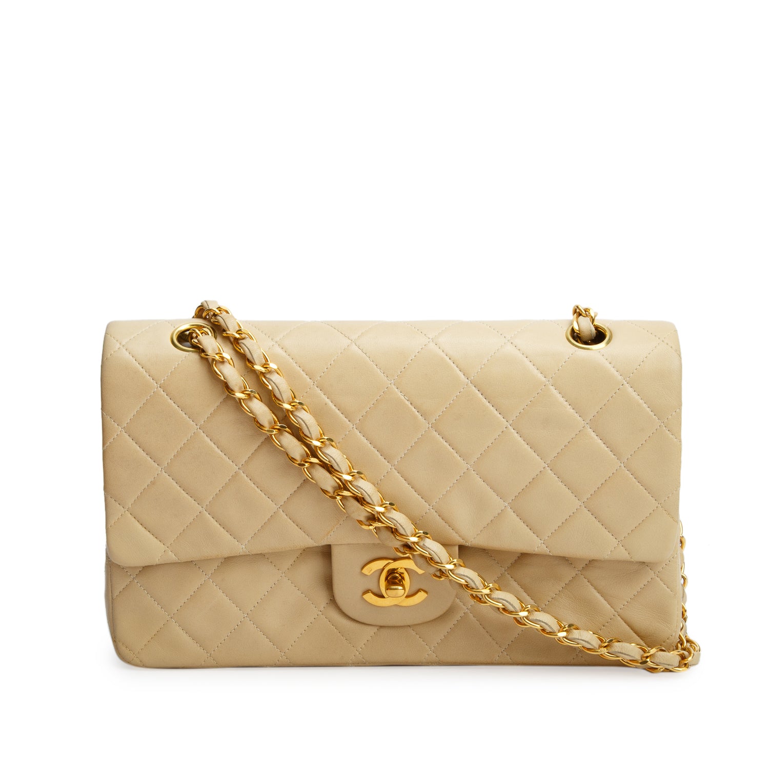 Chanel Vintage Beige Lambskin Quilted Medium Double Flap w/ Box & Authenticity Card