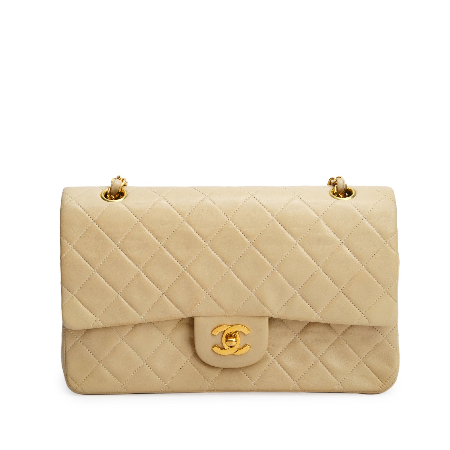 Chanel Vintage Beige Lambskin Quilted Medium Double Flap w/ Box & Authenticity Card