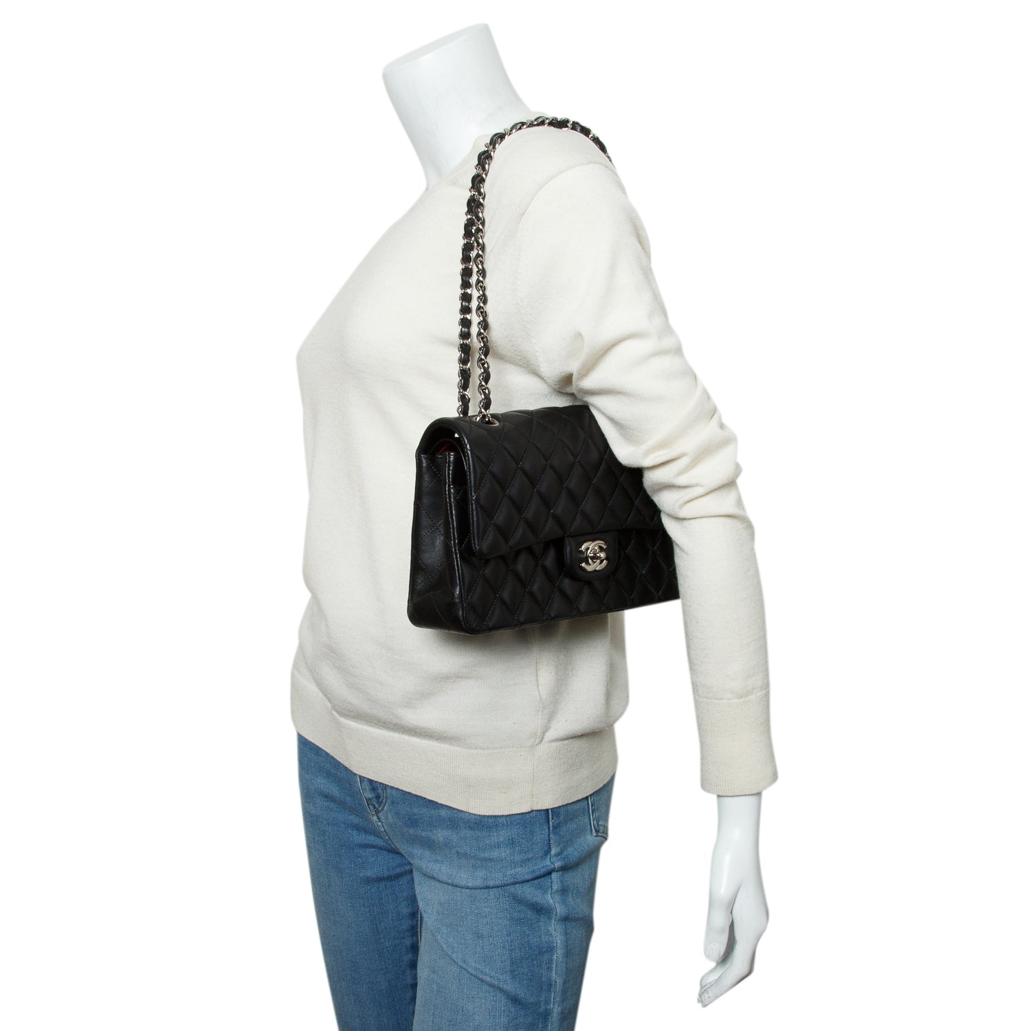 Chanel Black Quilted Lambskin Leather Classic Medium Double Flap Bag w/ Box, Authenticity Card & Receipt