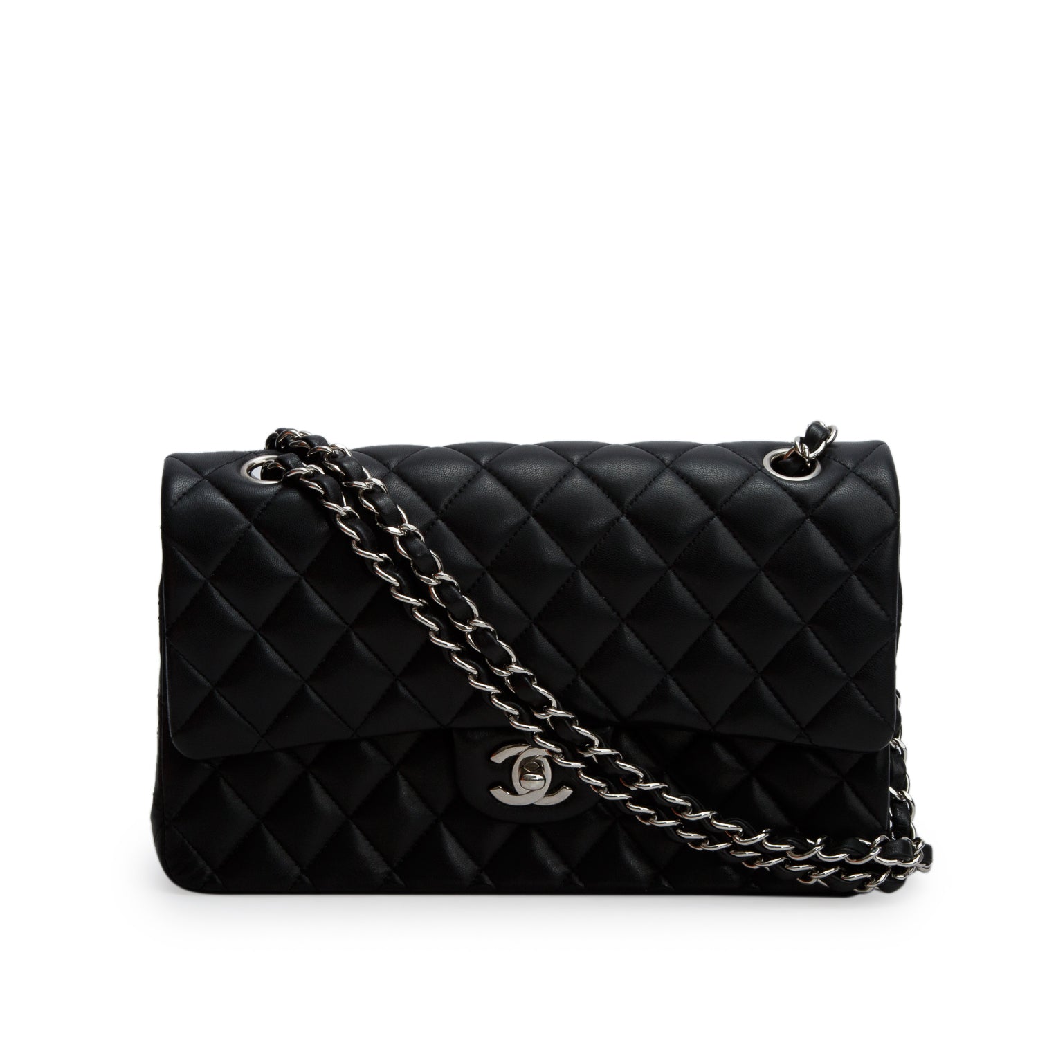 Chanel Black Quilted Lambskin Leather Classic Medium Double Flap Bag w/ Box, Authenticity Card & Receipt