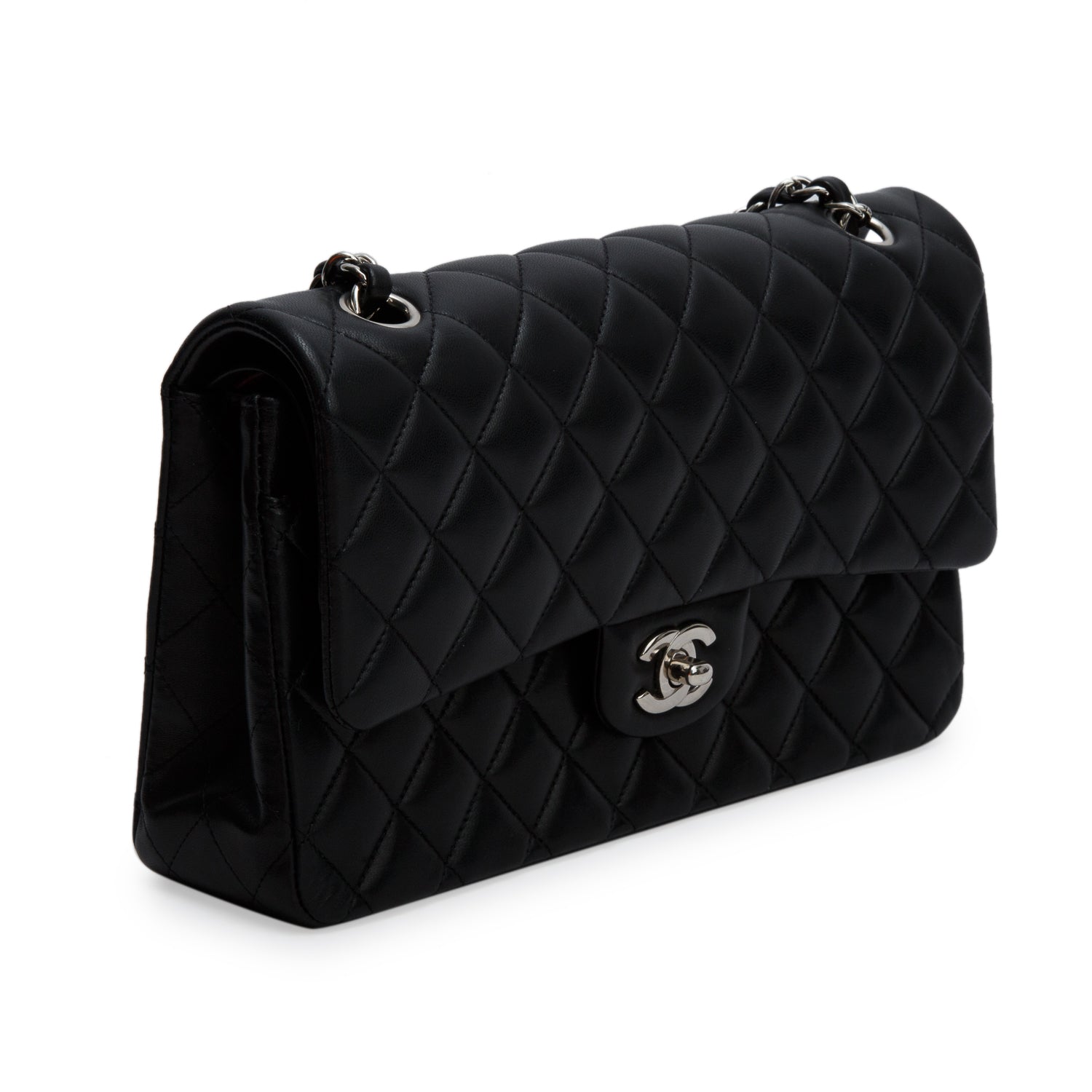 Chanel Black Quilted Lambskin Leather Classic Medium Double Flap Bag w/ Box, Authenticity Card & Receipt