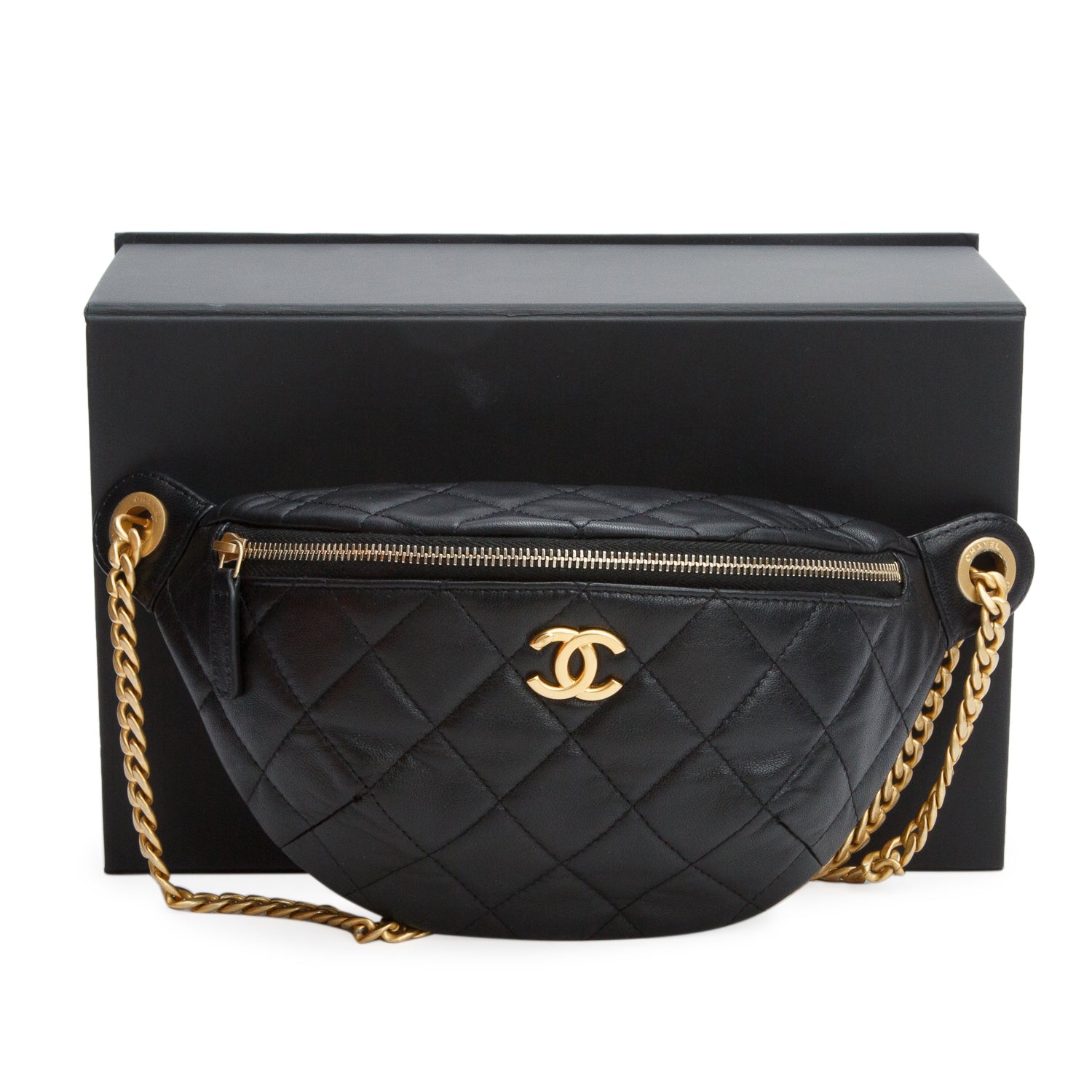 Chanel Black Lambskin Quilted Camellia Belt Bag w/ Box