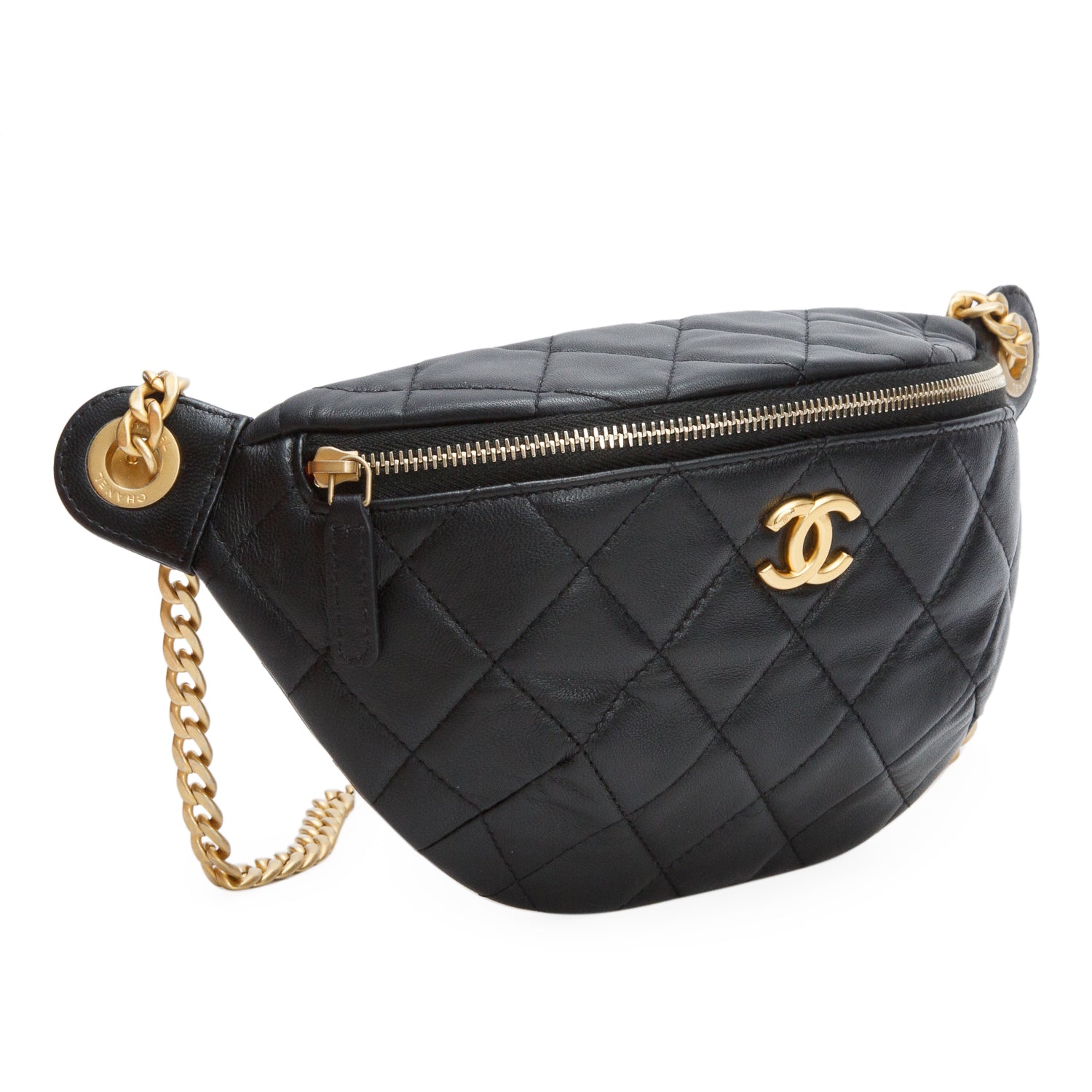 Chanel Black Lambskin Quilted Camellia Belt Bag w/ Box