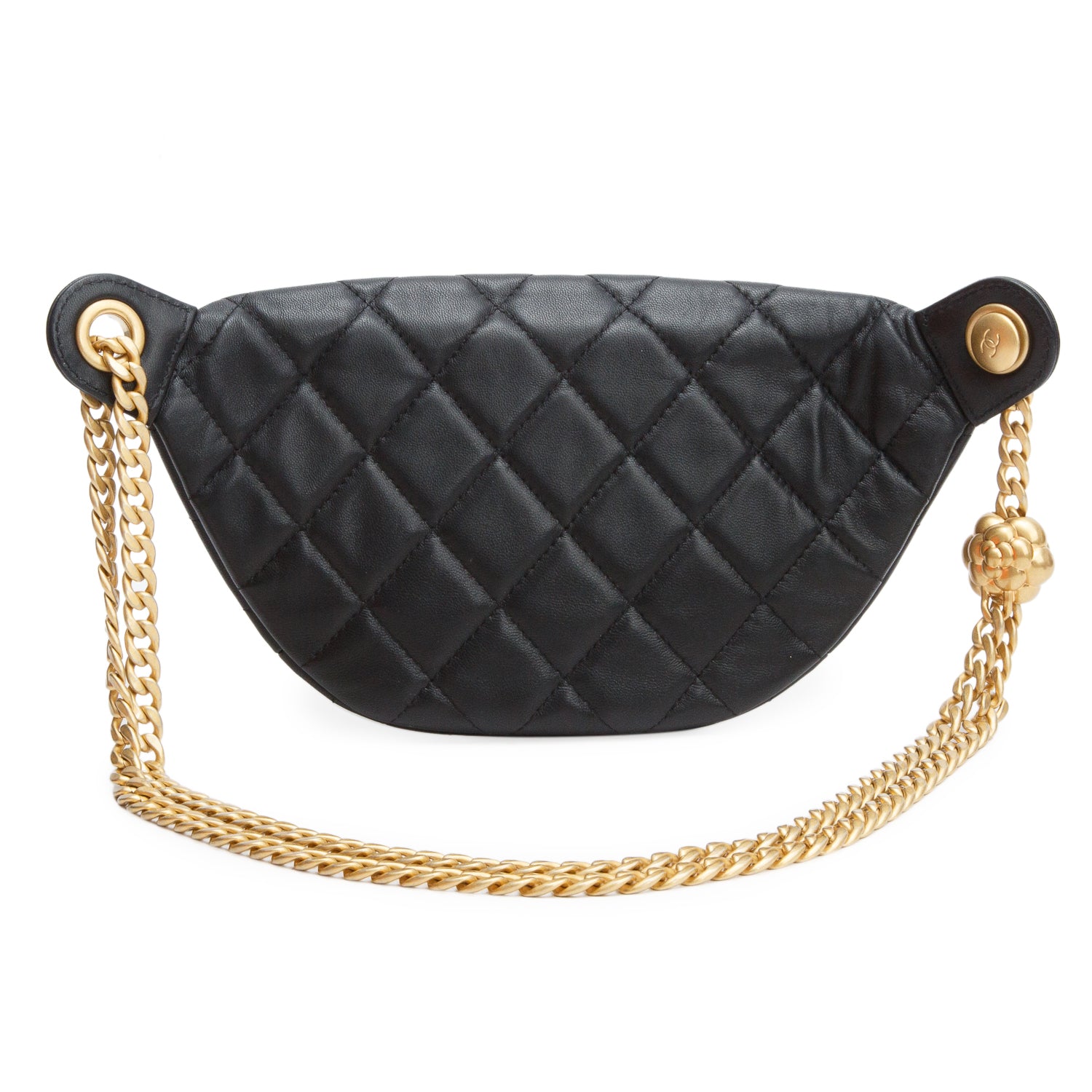 Chanel Black Lambskin Quilted Camellia Belt Bag w/ Box