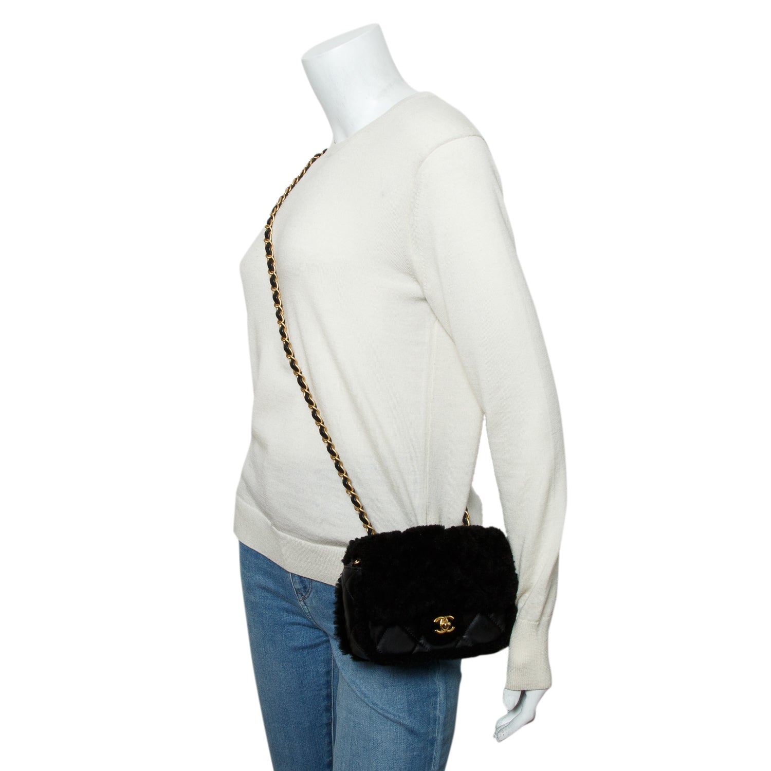 Chanel Black Shearling Lambskin Quilted Mini Furry Coco Flap w/ Box