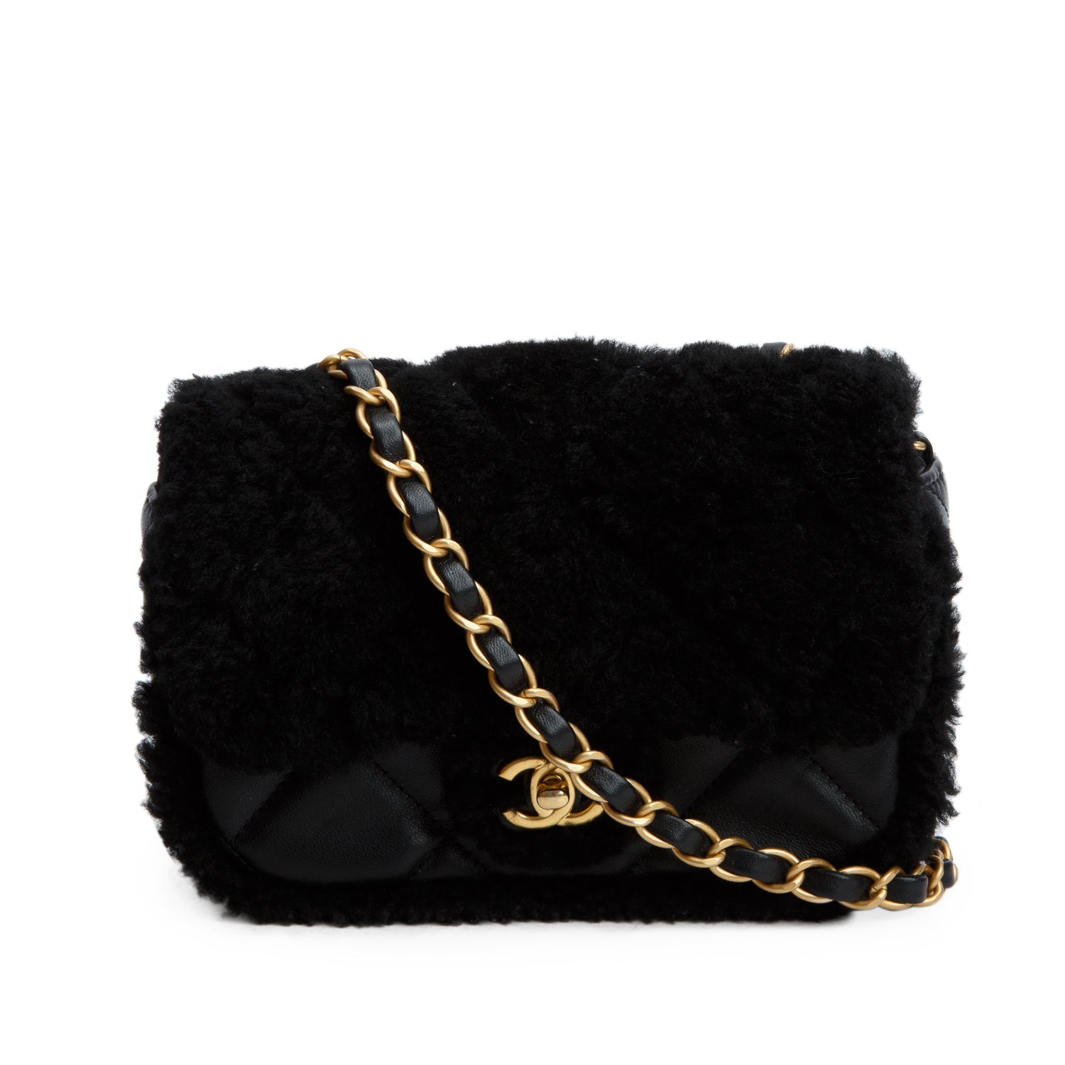 Chanel Black Shearling Lambskin Quilted Mini Furry Coco Flap w/ Box
