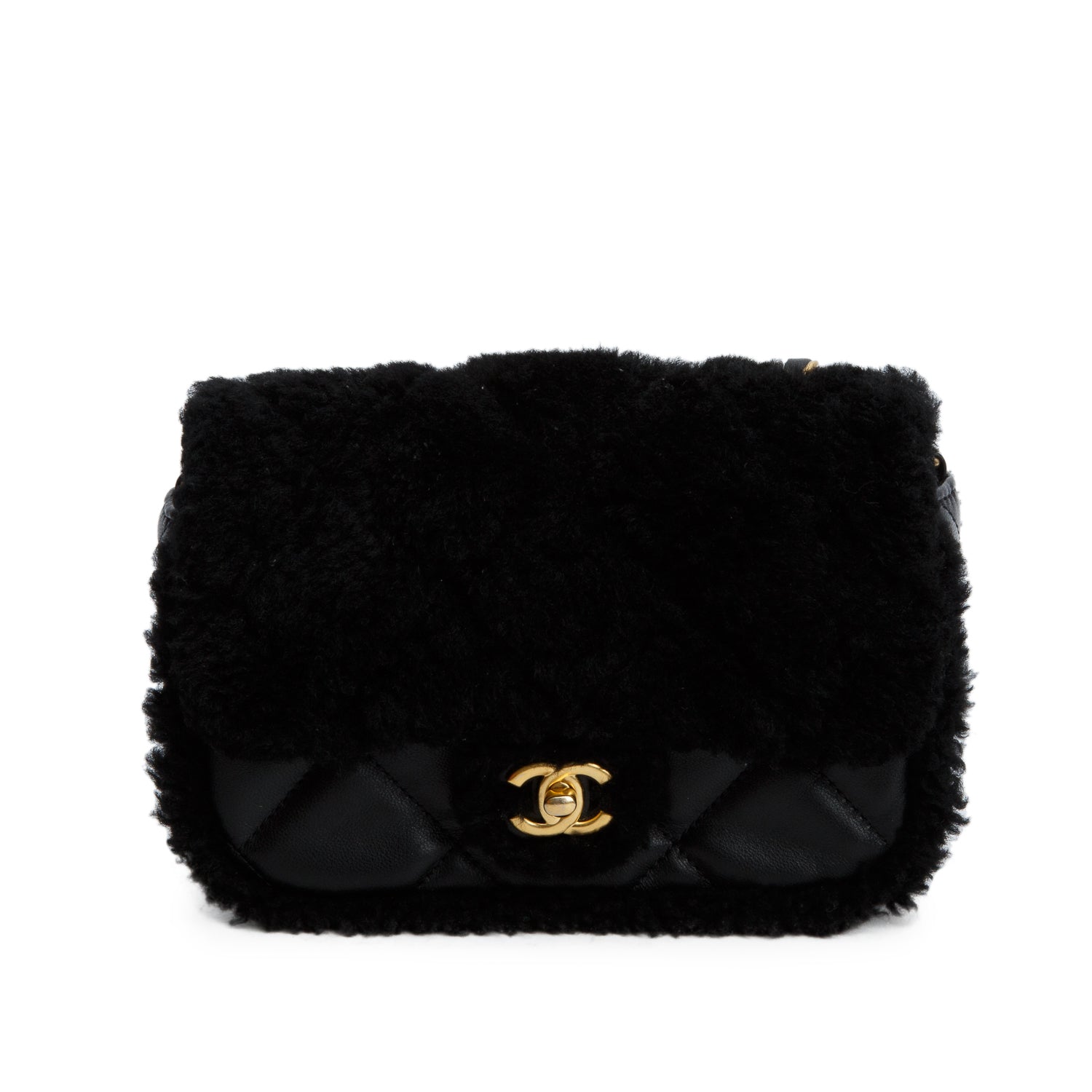 Chanel Black Shearling Lambskin Quilted Mini Furry Coco Flap w/ Box