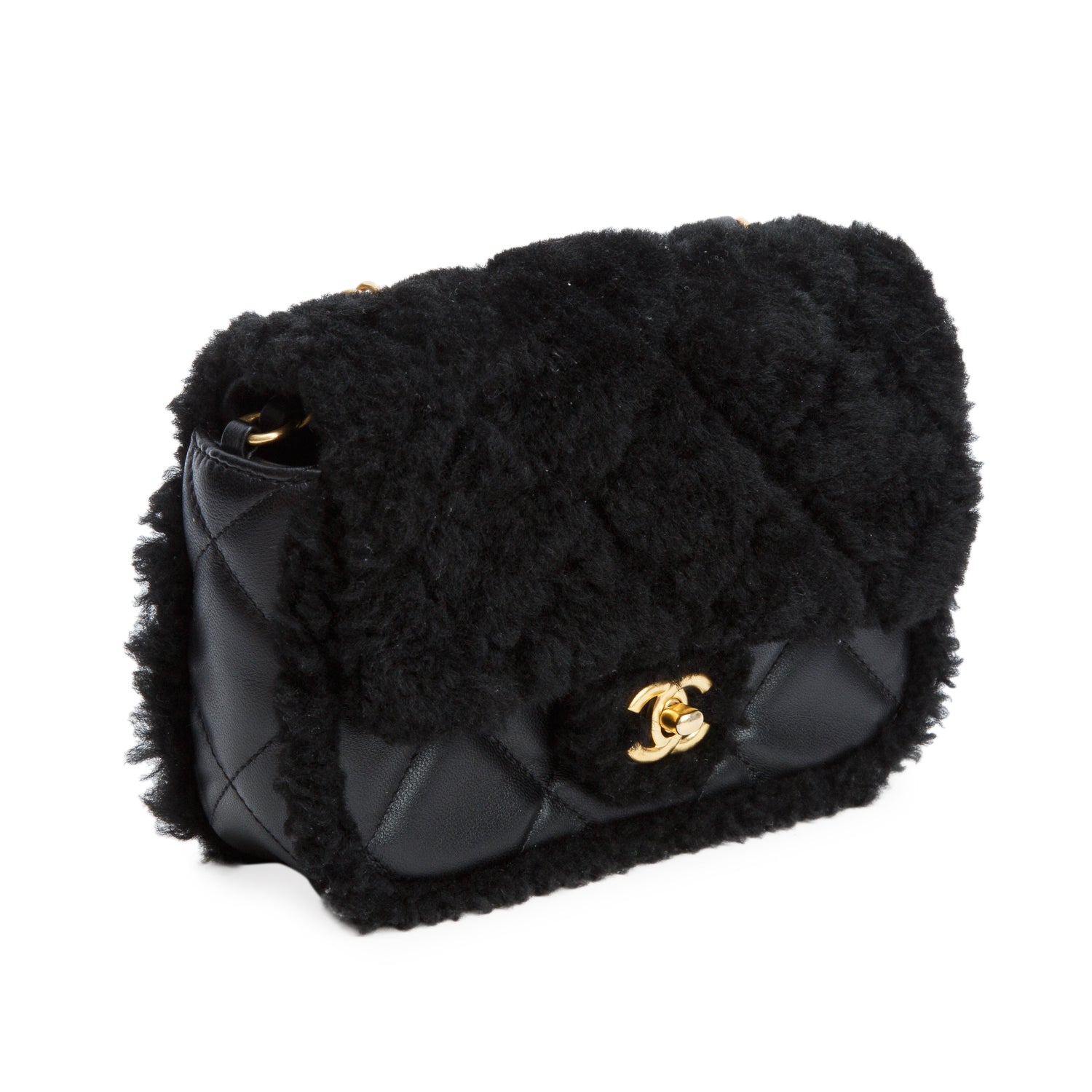 Chanel Black Shearling Lambskin Quilted Mini Furry Coco Flap w/ Box