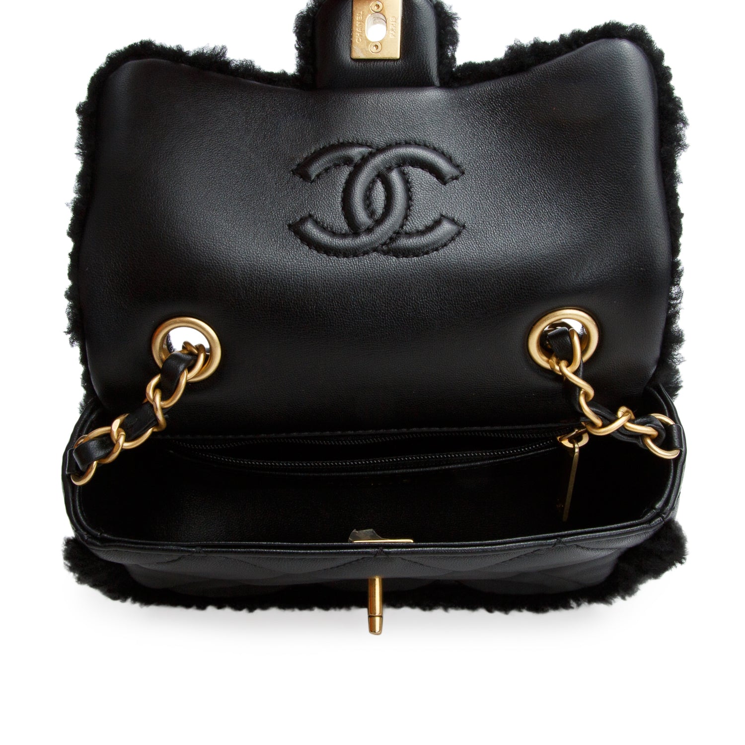 Chanel Black Shearling Lambskin Quilted Mini Furry Coco Flap w/ Box
