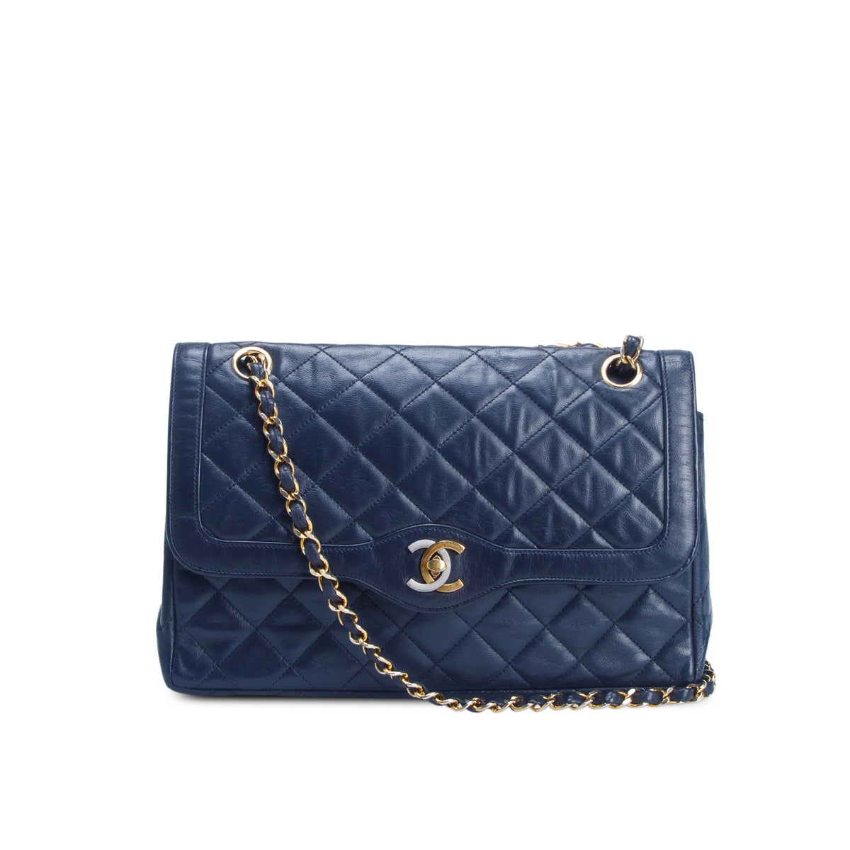 Chanel Vintage Navy Lambskin Quilted Medium Paris Double Flap