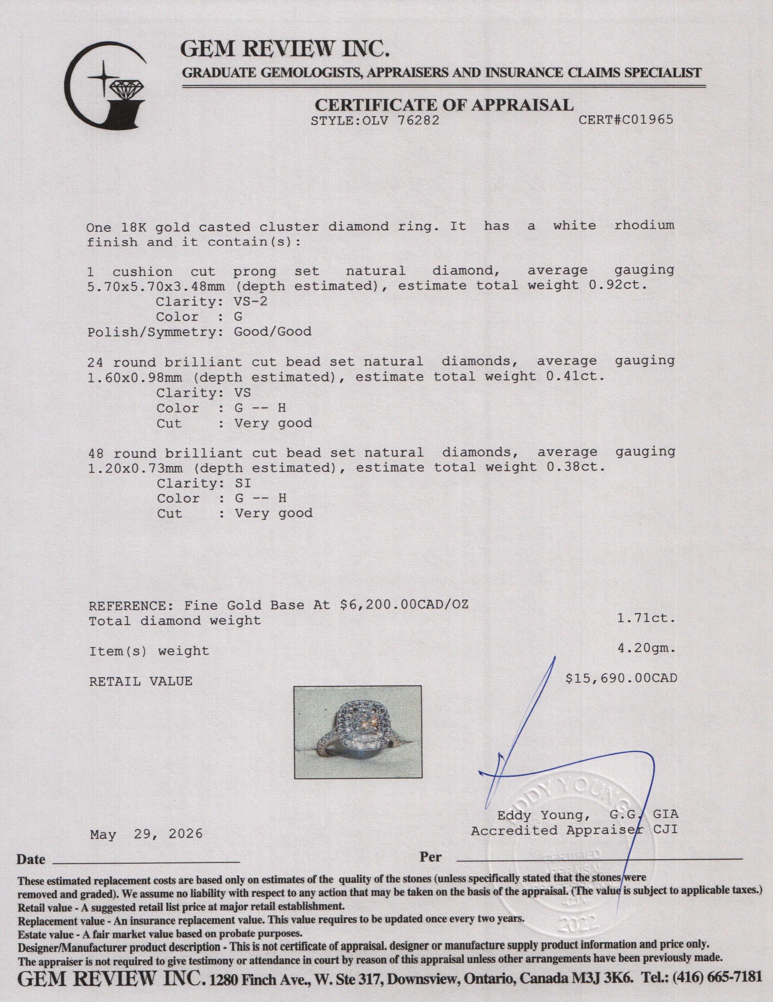 18k White Gold 0.92 ct. Cushion Cut Diamond Engagement Ring, Size 5