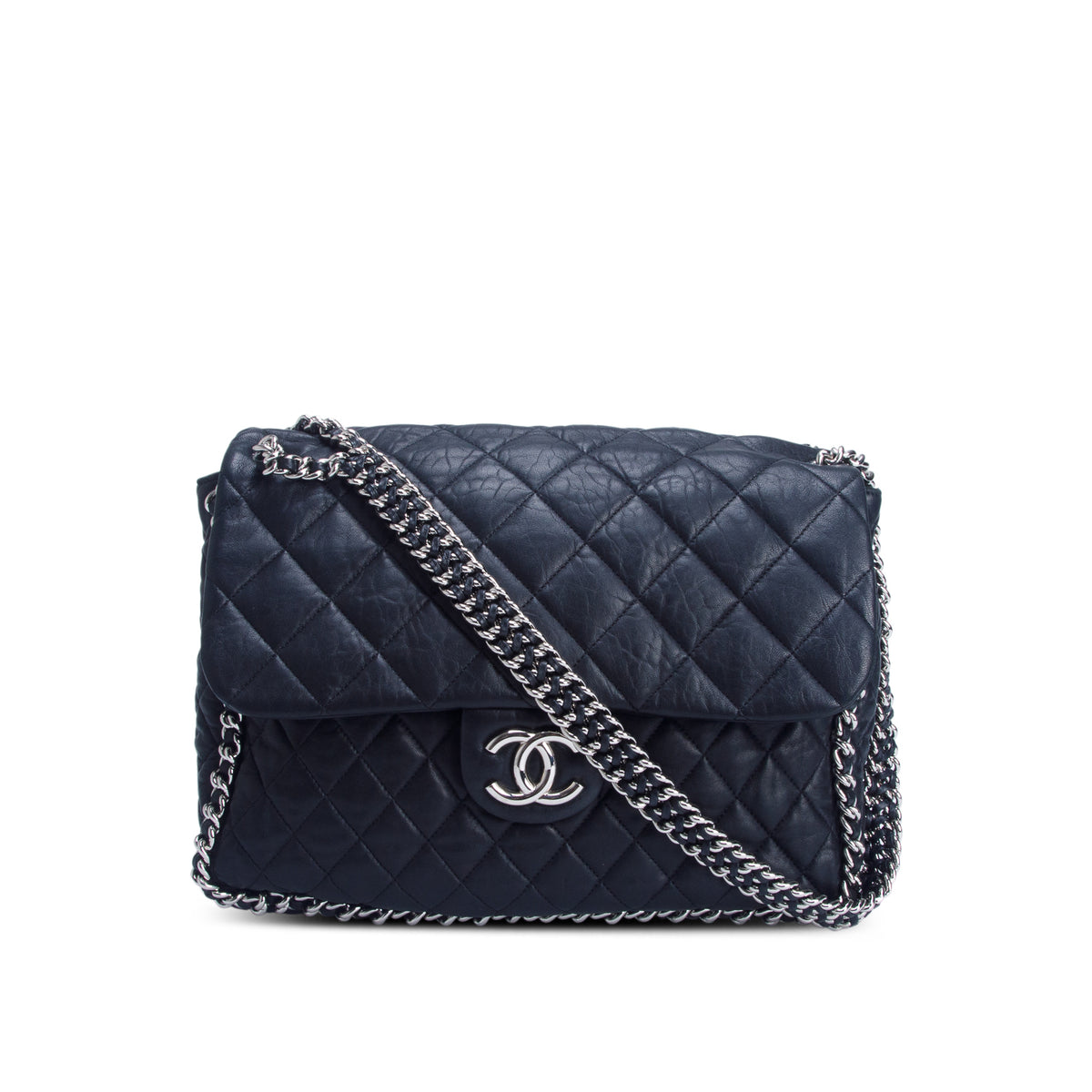 Chanel Black Quilted Lambskin Leather Maxi Chain Around Flap Bag w/ Authenticity Card