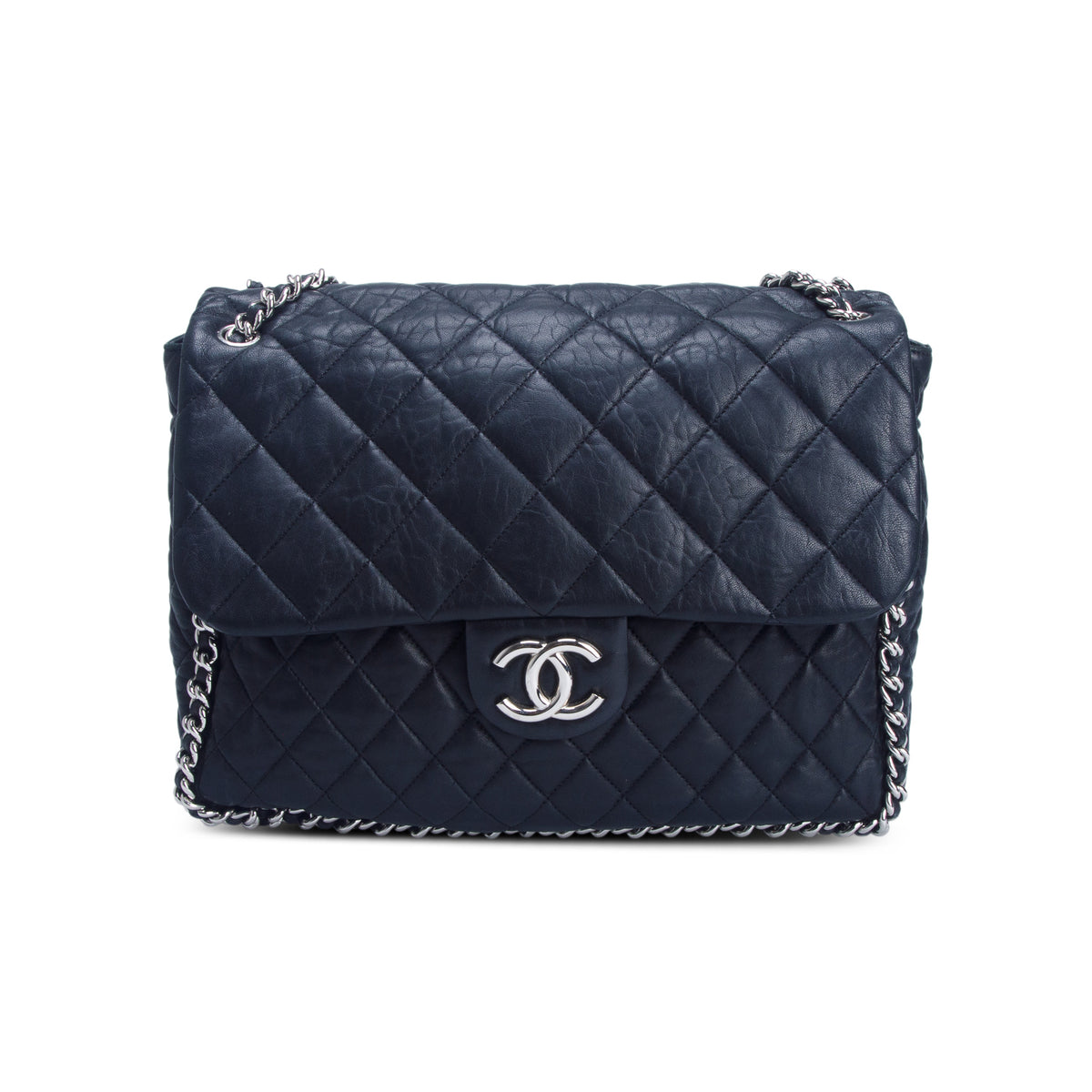 Chanel Black Quilted Lambskin Leather Maxi Chain Around Flap Bag w/ Authenticity Card