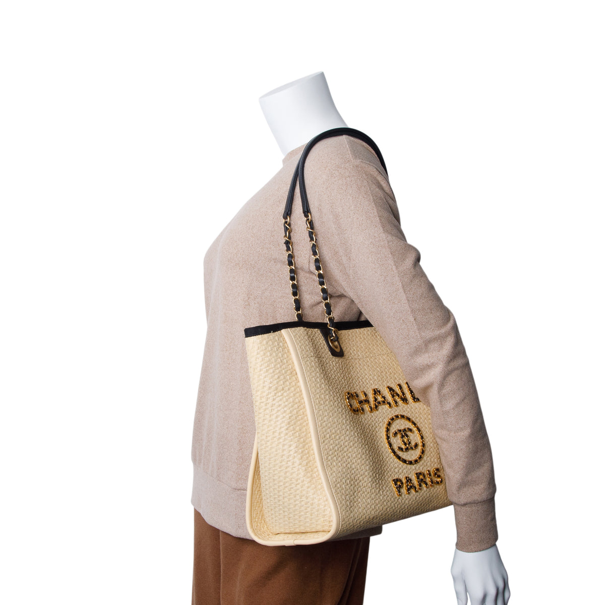 Chanel 2021 Straw Raffia Calfskin Chain Small Deauville Tote w/ Authenticity Card