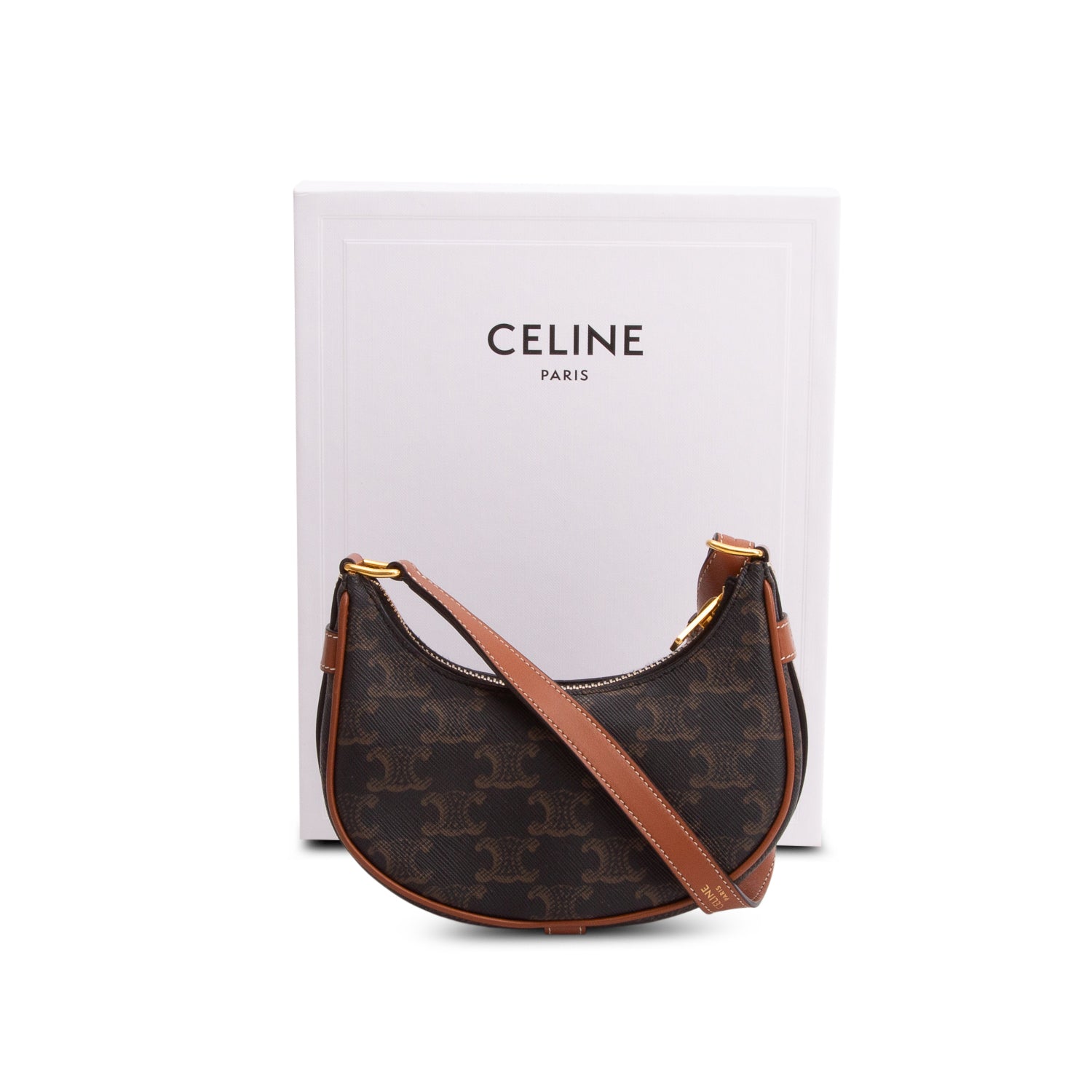 Celine 2021 Brown Canvas Calfskin Mini Ava Triomphe Shoulder Bag w/ Box