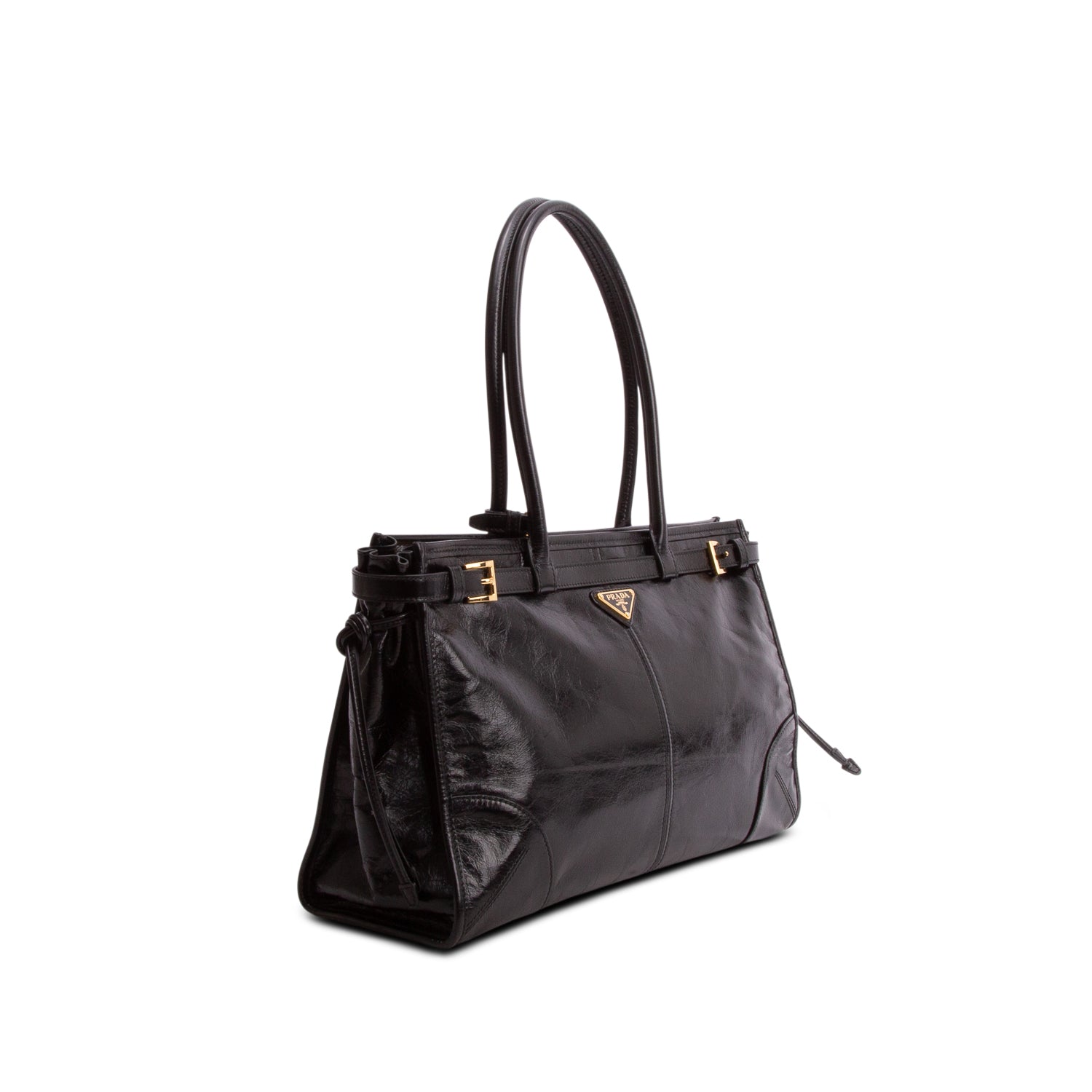 Prada Black Glossy Calfskin Triangle Large Bonnie Shoulder Bag
